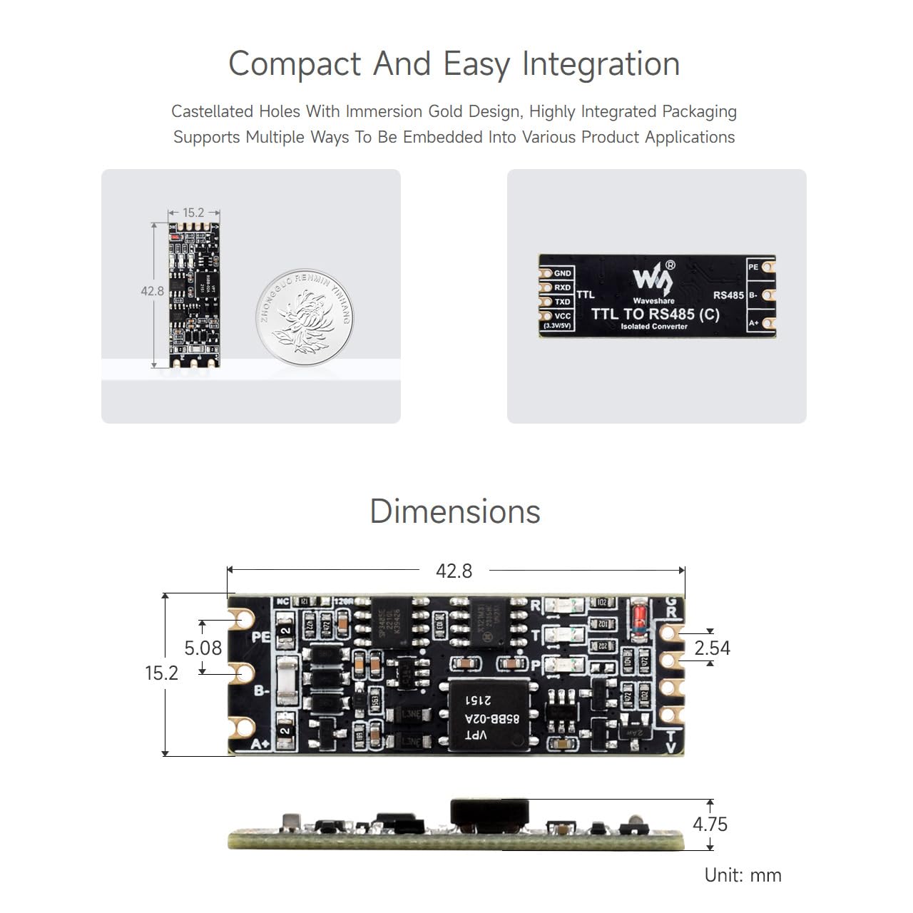 Waveshare TTL To RS485 (C) Galvanic Isolated Converter, Half-Duplex Communication, Lightningproof & Anti-Surge, Multi-Isolation Protection
