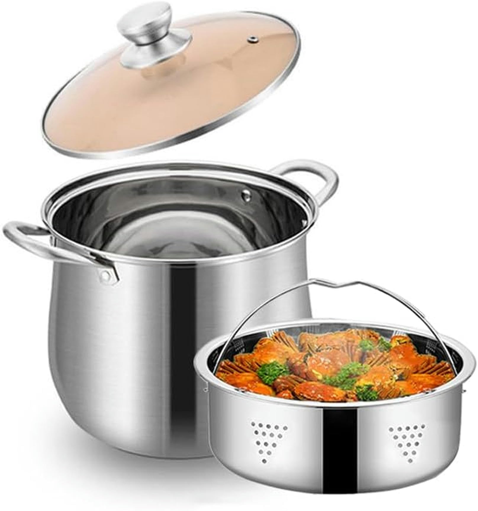GTHTUHFD Stainless Steel Food Steamer Boil Pot - 2 Tier Pot Large Metal Steam Cooker Seafood Cookware With Tempered Glass Lid For Vegetable, Tamale,Dumpling, Egg, S,One,One Color-,One Color-24cm