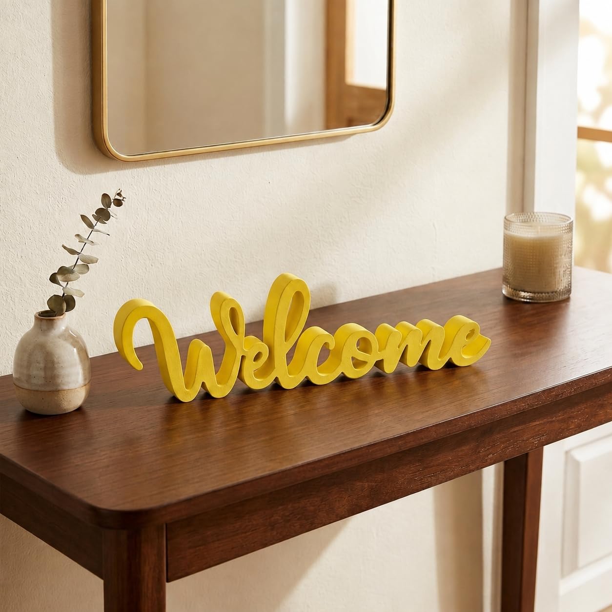 ALIYA HANDICRAFT Welcome Wooden Word Decor Showpiece | Yellow Decorative Table Top Accent for Living Room, Entrance, Office Desk & Home Décor-image-48