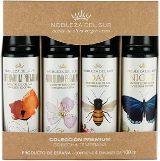 Nobleza del Sur Premium Gourmet Sampler Gift Set Extra Virgin Olive Oil from Andalusia Spain 4x 3.4 fl oz Bottles Arbequina and Picual Varieties Cold Pressed Harvest 2024 Ideal for Cooking and Gifting