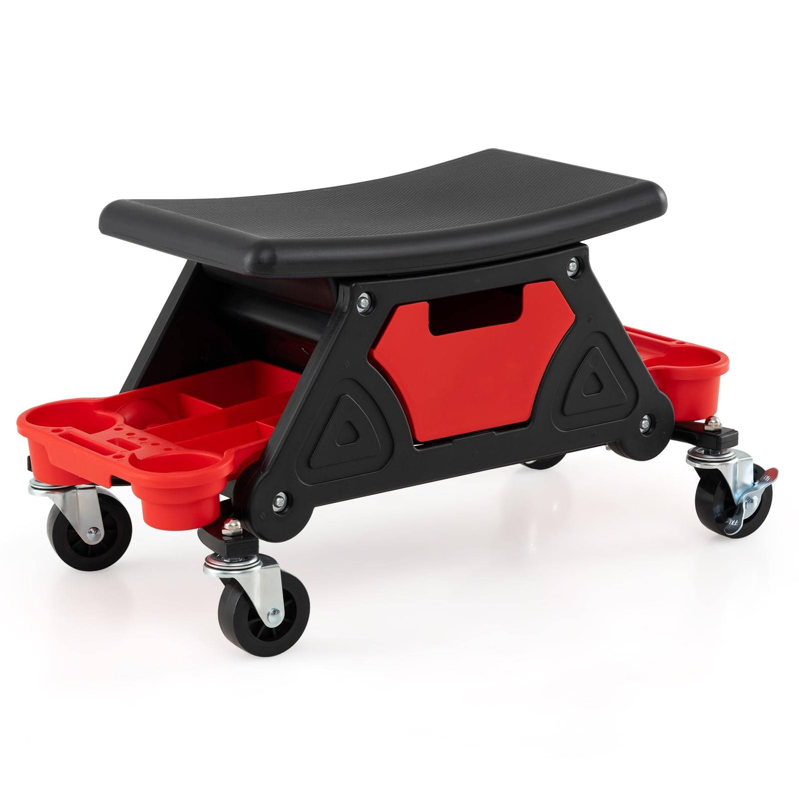 GOPLUS Taburete de Taller con Ruedas, Taburete Mecánico con Cajón, 2 Bandejas con Compartimentos para Herramientas, Asiento Giratorio para Garaje, Reparación de Automóviles, Capacidad 135 kg
