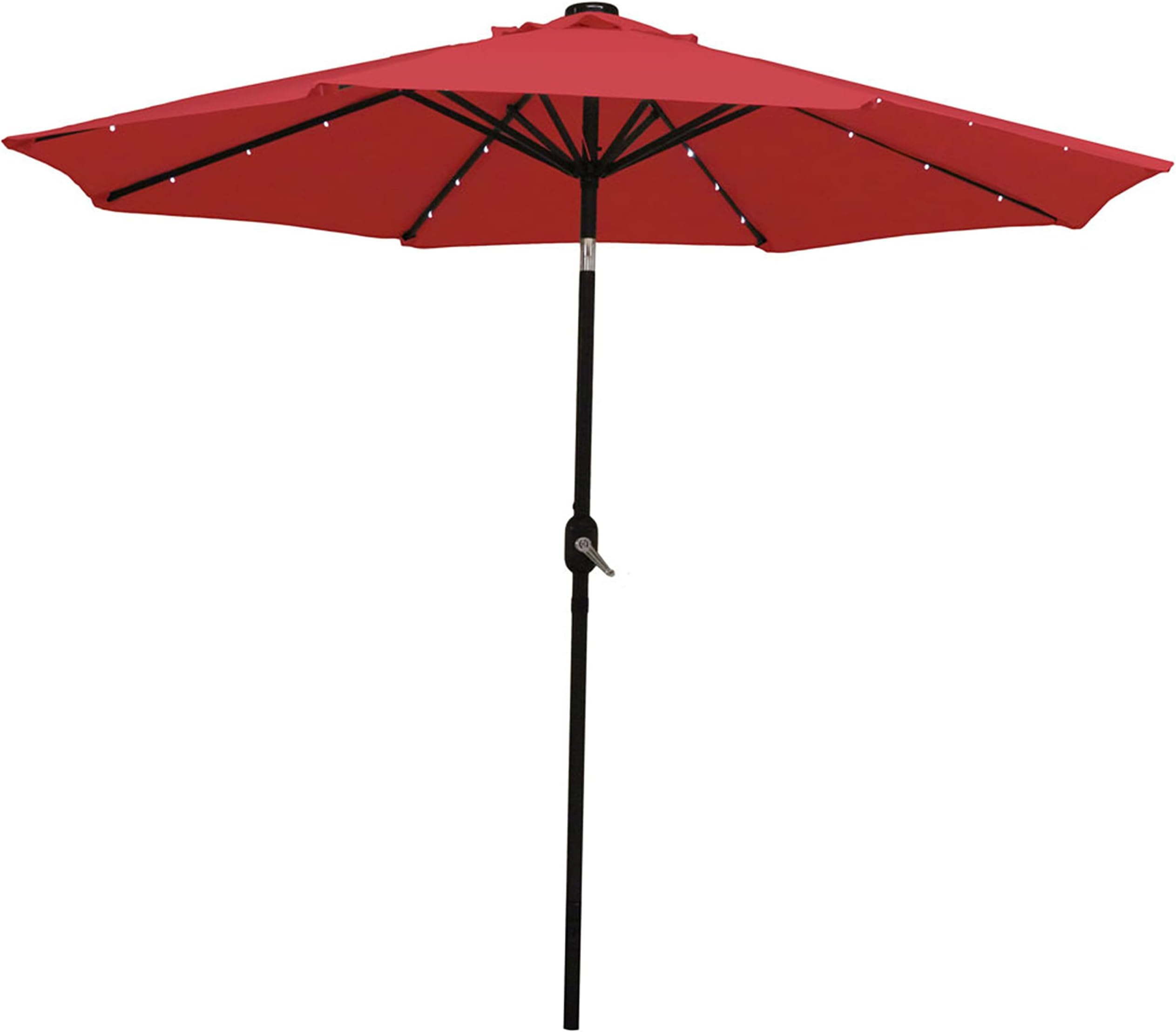 Sunnydaze 9 ft Outdoor Patio Umbrella with Solar Lights - Polyester LED Table Market Umbrella with Push-Button Tilt and Crank - Red
