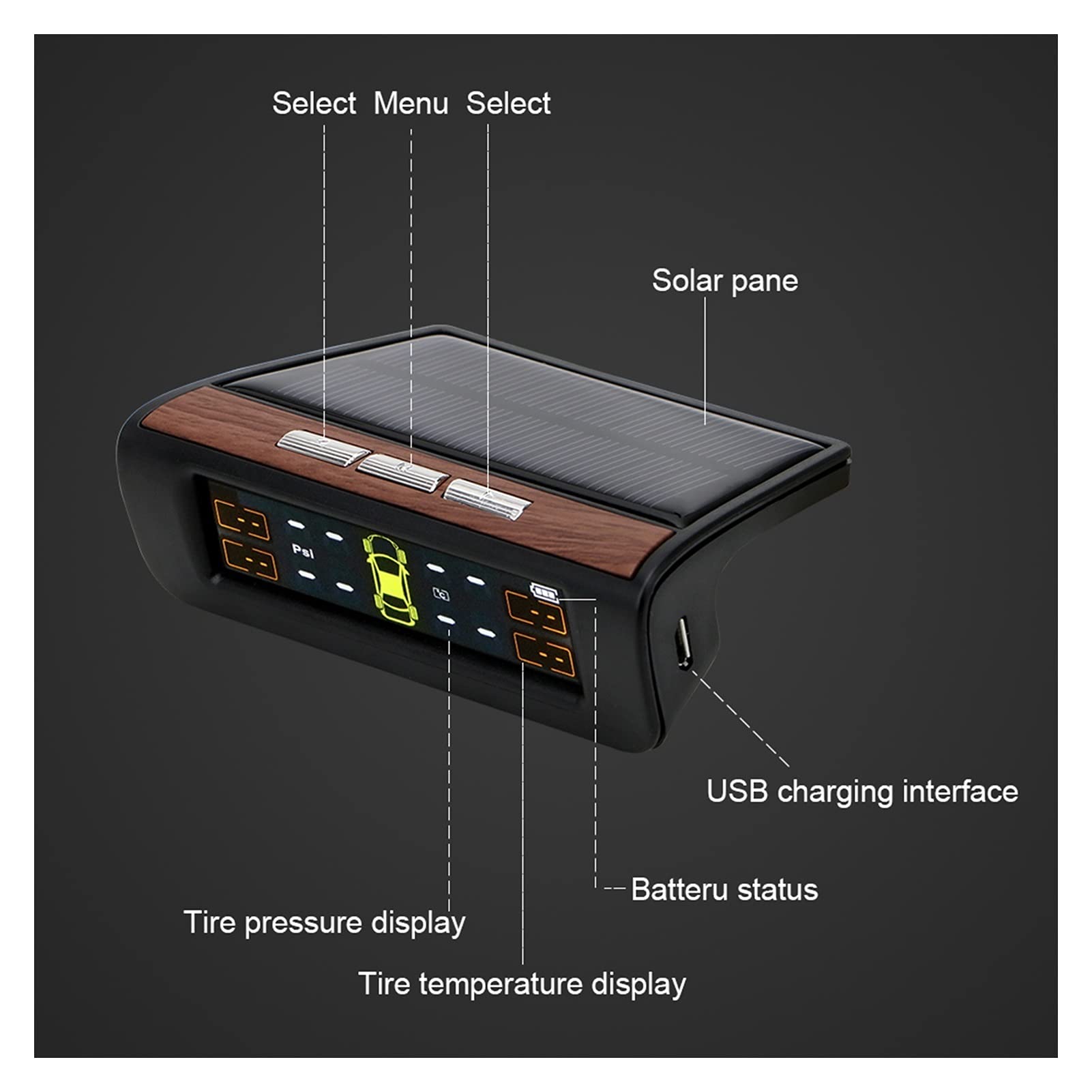Herramientas de Control de presión de los neumáticos Coche TPMS Sistema de monitoreo de presión de neumáticos Sistemas de Alarma automática Monitor Digital LCD Mostrar energía Solar