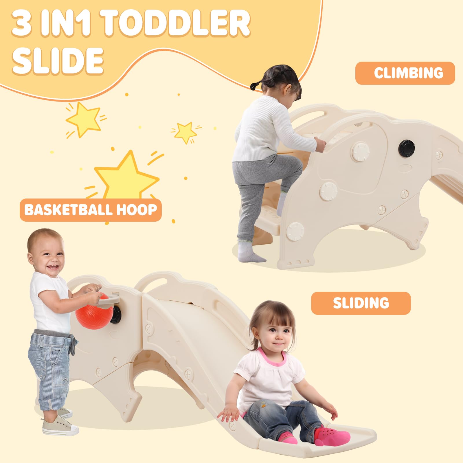 3 en 1 Toboggan pour Enfants, Toboggan avec Panier de Basketball & Ballon, Jeu d'Extérieur et l'Intérieur pour bébé