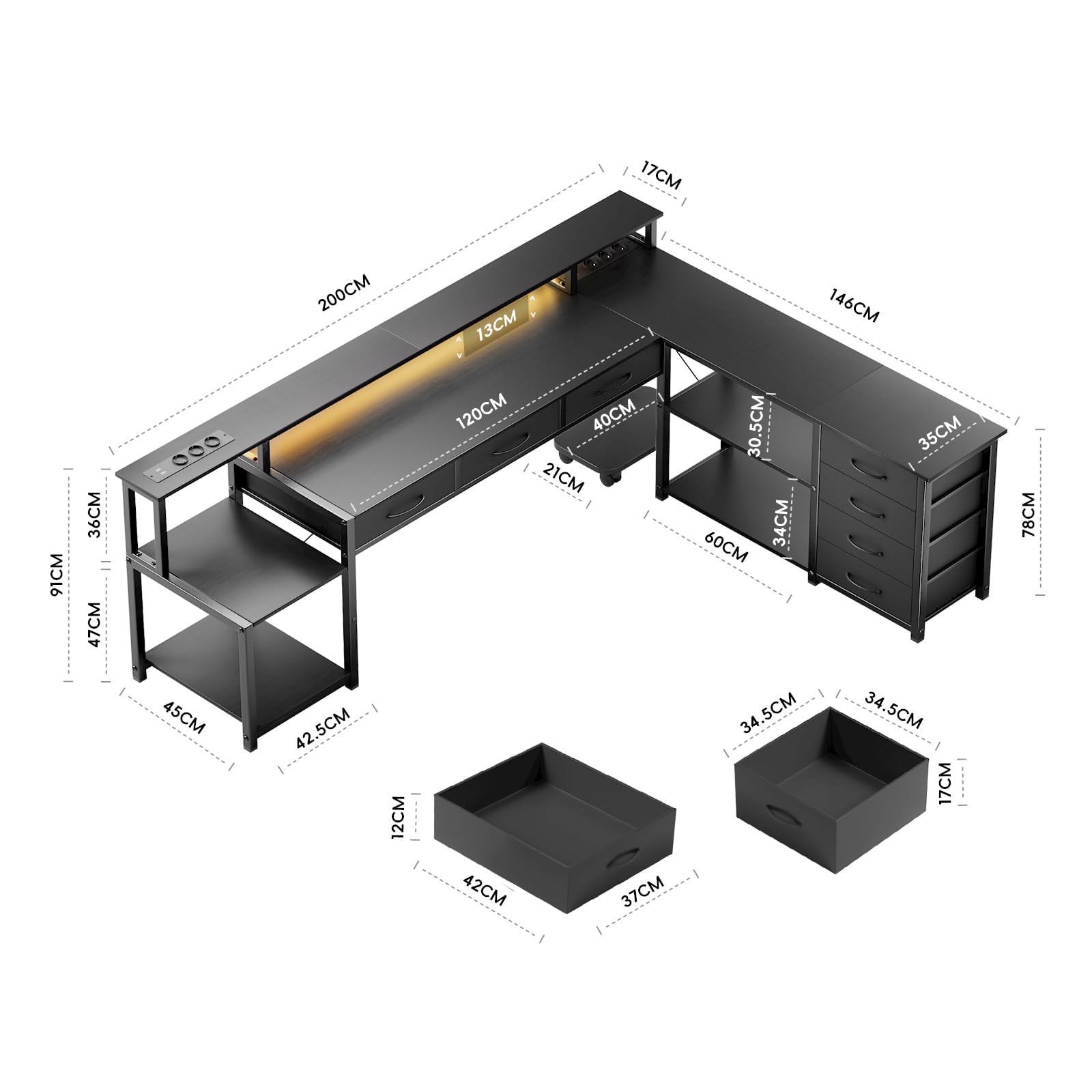 Schreibtisch L Form mit Schubladen, Gaming Tisch mit Steckdose, LED & Monitorständer, 200 x 146cm, 7 Stoffschubladen, Computertisch für Büro Arbeitszimmer Schlafzimmer (Schwarz)