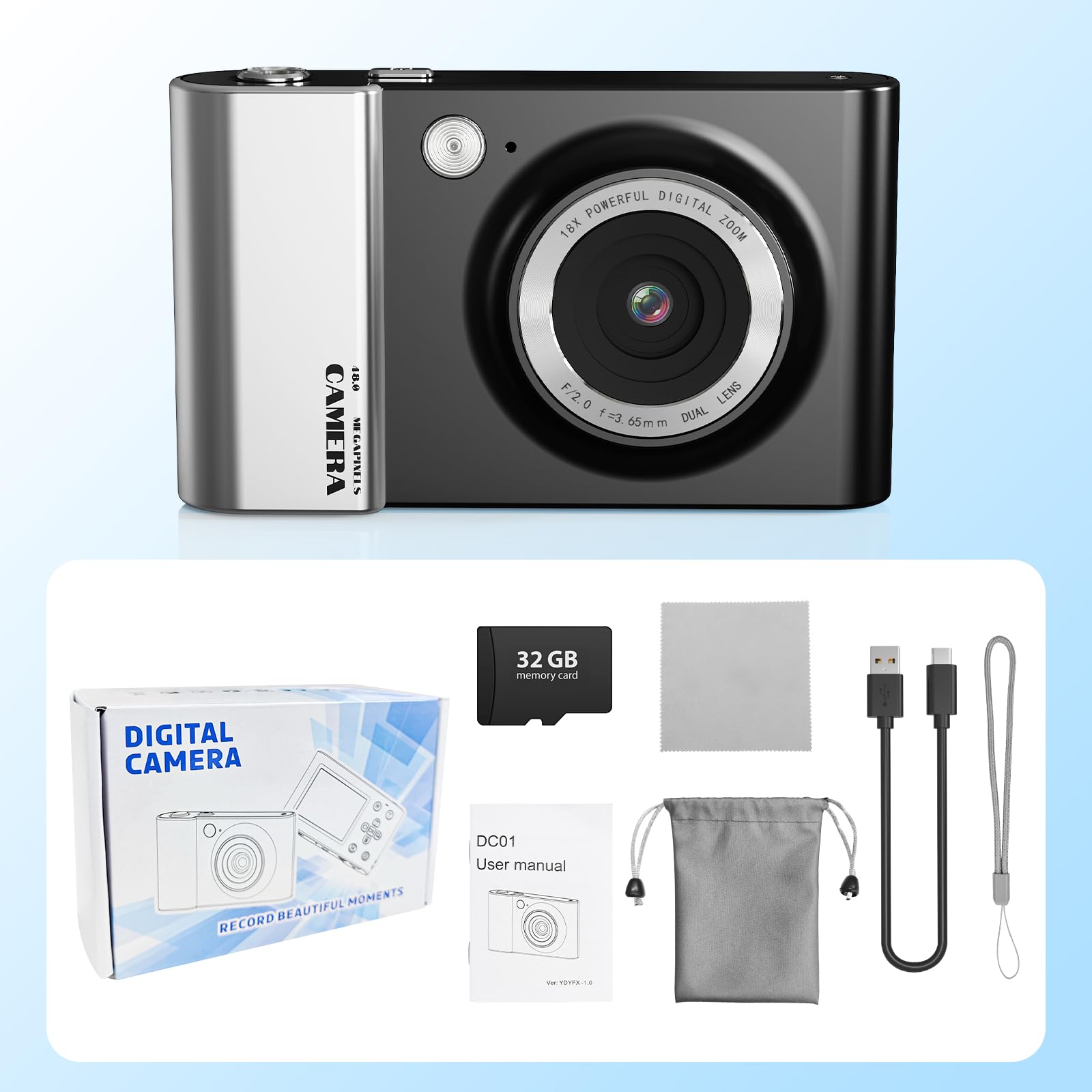 Cámara digital 4K 64MP FHD cámara fotográfica para niños, zoom digital de 18 x cámara compacta con pantalla de 2,4 pulgadas, antivibración, flash LED, tarjeta SD de 32 GB, cámara de fotos para niños