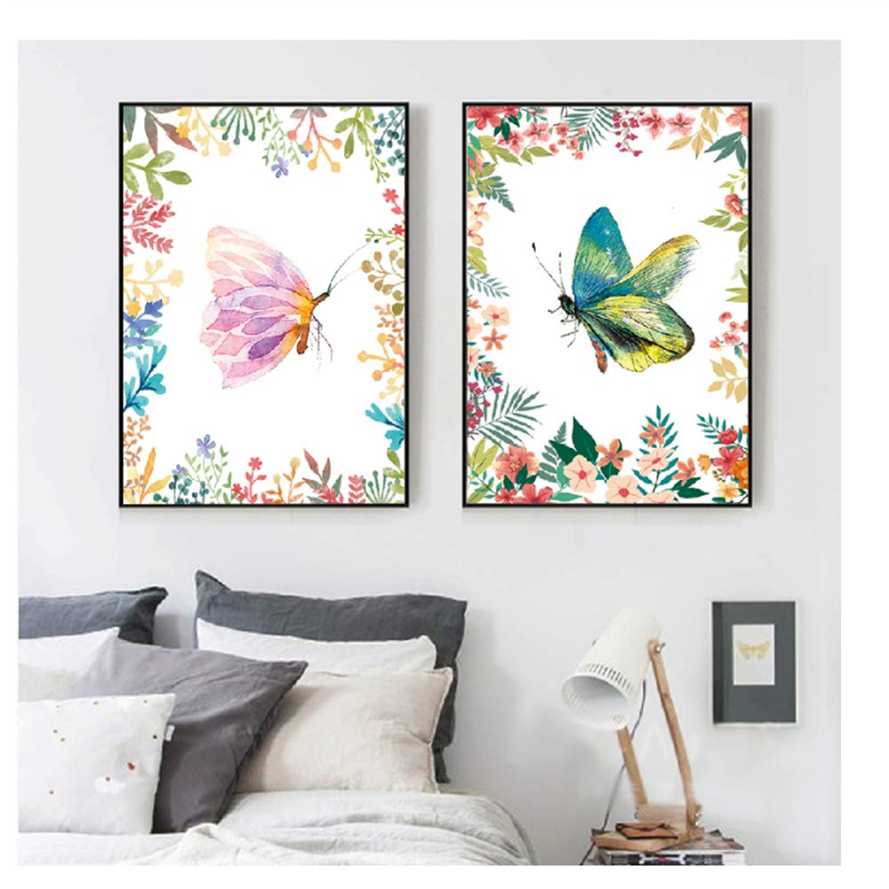 Imprimir Lienzo Pintura Cartel pequeño Planta Fresca Hoja Mariposa Marco decoración Pared Arte Imagen para niñas habitación Carteles 60x80 cm (23.6 "x31.5) x2 con Marco