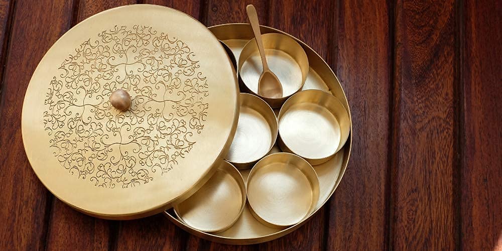 Quesera's 'Floral-Etched' Handcrafted Brass Spice Box Set for Kitchen with Spoon,Spice Box/Brass Masala Box/Masala Dani/Masala Dabba/Spice Container