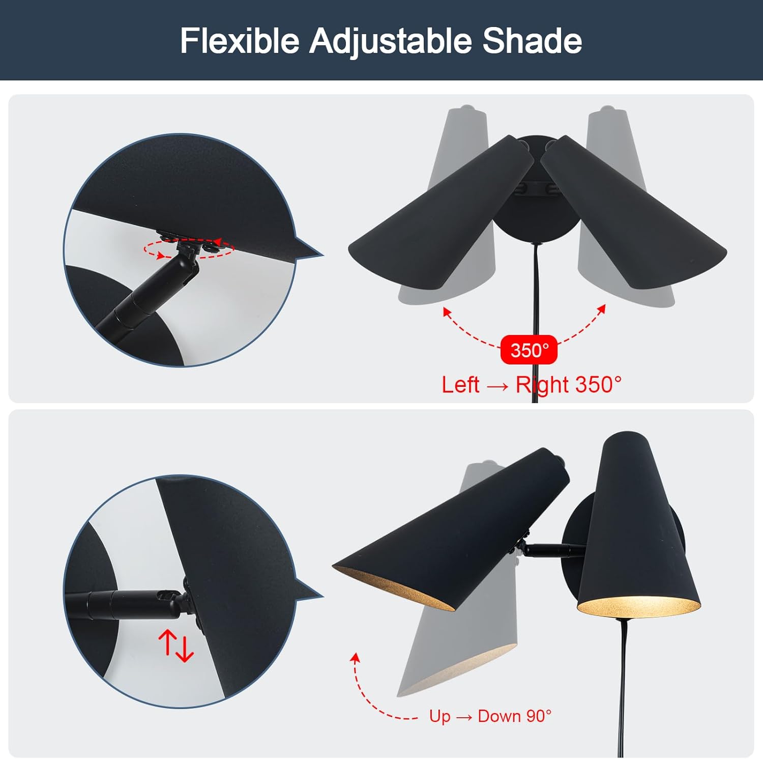 2-Light Plug in Wall Sconce, Matte Black Modern Vanity Light Wall Lamp with Rotatable Lampshade Picture Light for Bedroom Living Room Bathroom Foyer