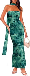 Women's Strapless Tube Dress Mesh Floral Summer Bodycon Long Maxi Cocktail Party Wedding Guest Dresses