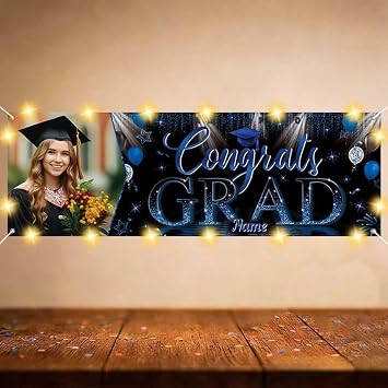 Personalized Graduation Banner Graduation Party Decorations Congratulations Banner Class of 2026 Custom Photo and Name Indoor/Outdoor Backdrop Then & Now How Time FliesNavy Blue