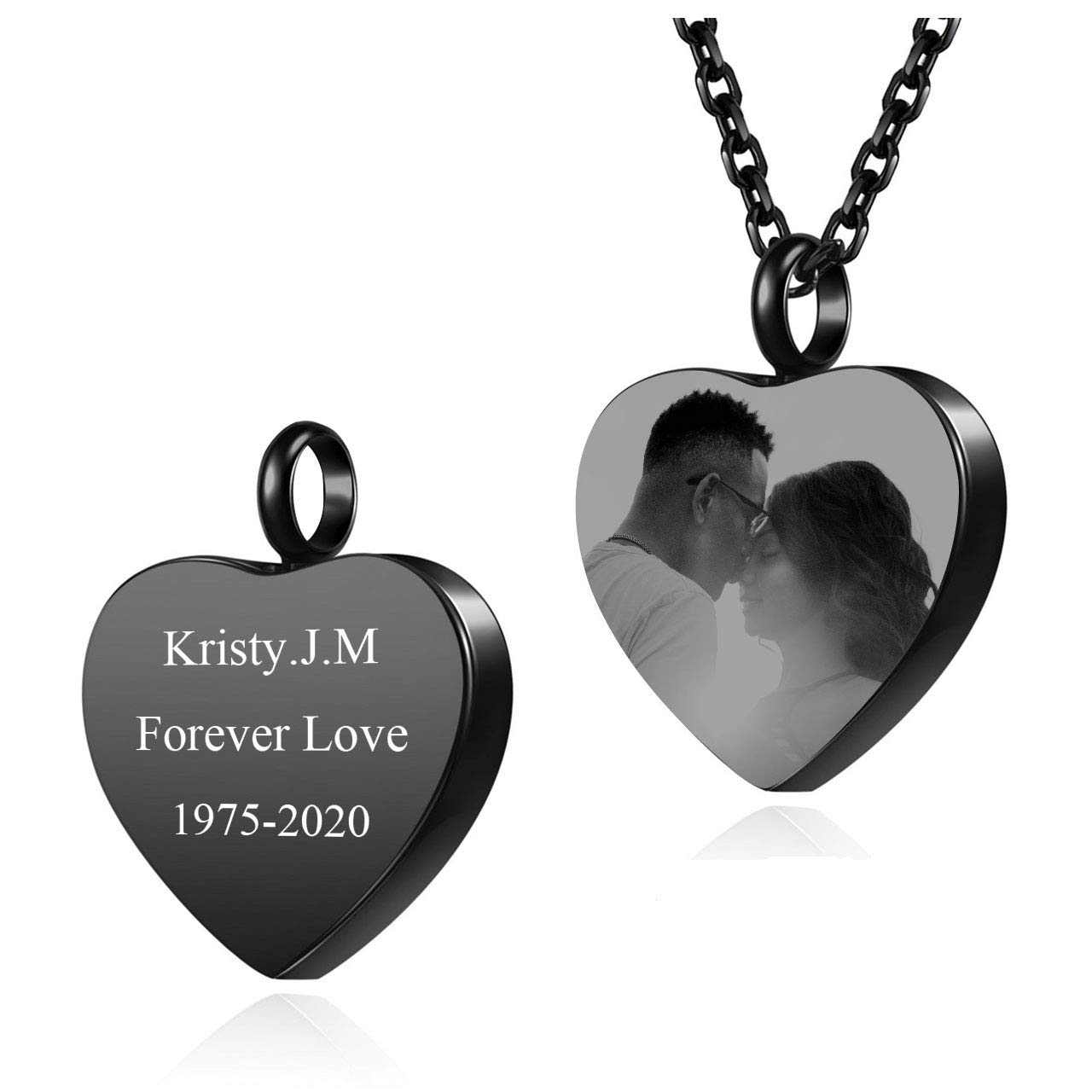 Personalized Custom Photo & Text Cremation Urn Necklace Heart Urn Necklace for Ashes Cremation Keepsake Jewelry Stainless Steel Memorial Pendant Necklace Black