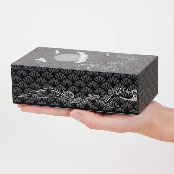 Bits and Pieces 10 Step Secret Puzzle Box Japanese Crane Puzzle Gift Box for Trinkets Money Gifts Jewelry, Full Moon and Lotus Flowers Artwork, Black and Grey Brainteaser, 3.25 x 6.25 x 2 Inches