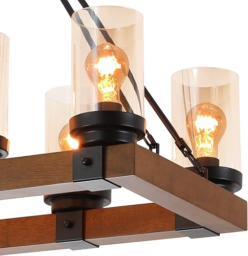 Miniatura 8 de Candelabro de granja de 8 luces, acabado de madera sintética, cuerda resistente ajustable, con pantalla de vidrio, lámpara colgante rectangular