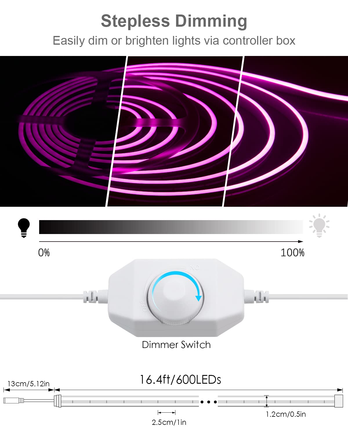 ALITOVE Pink Neon Lights Strip for Bedroom Wall Decor Custom Neon Signs Gaming Room 16.4ft Dimmable Rope Light 5M 600 LEDs 12V DC Waterproof with DIY Accessories Power Adapter Dimmer