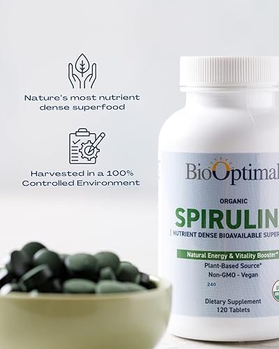 Miniatura 4 de BioOptimal Tabletas de espirulina orgánica, orgánicas, sin OMG, sin aditivos ni rellenos, suplemento dietético de calidad premium de 500 mg