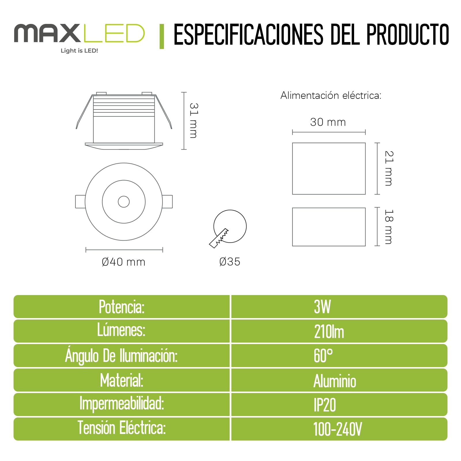 4 Mini Focos LED Empotrable Interior Techo 3W Blanco Foco Spot COB Blanco Cálido 3000K 210LM Aluminio LED Iluminación de Vinoteca Armario Cocina Φ40 mm x 31mm | Montaje Φ35 mm