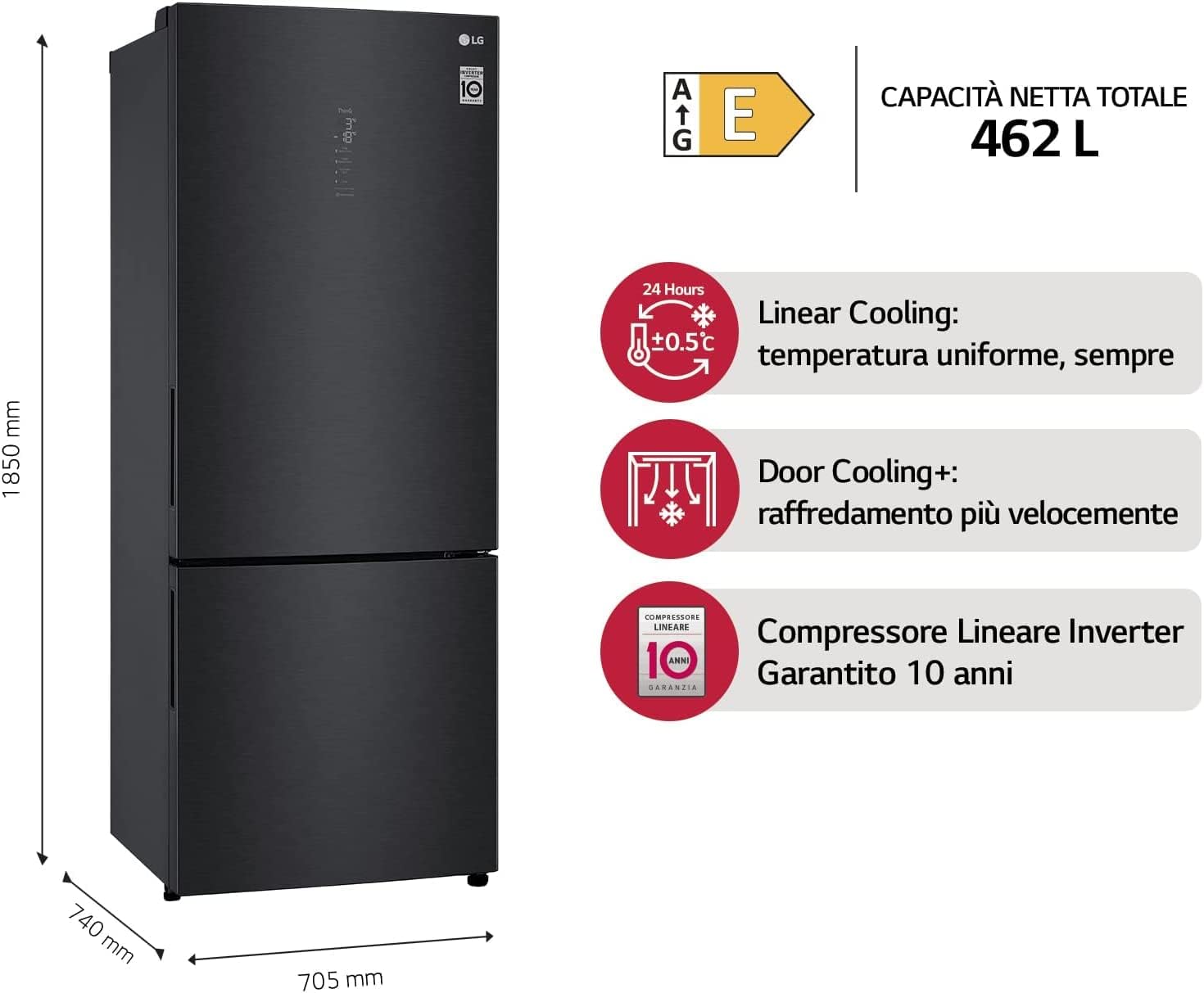 LG GBB569MCAMN Frigorifero Combinato Total No Frost, 462L, Larghezza 70cm, Wi-Fi, Door Linear Cooling, Cassetto Fresh Balancer, Display Metal Touch, Compressore Smart Inverter, Smart Diagnosis, Nero [Classe di efficienza energetica E]