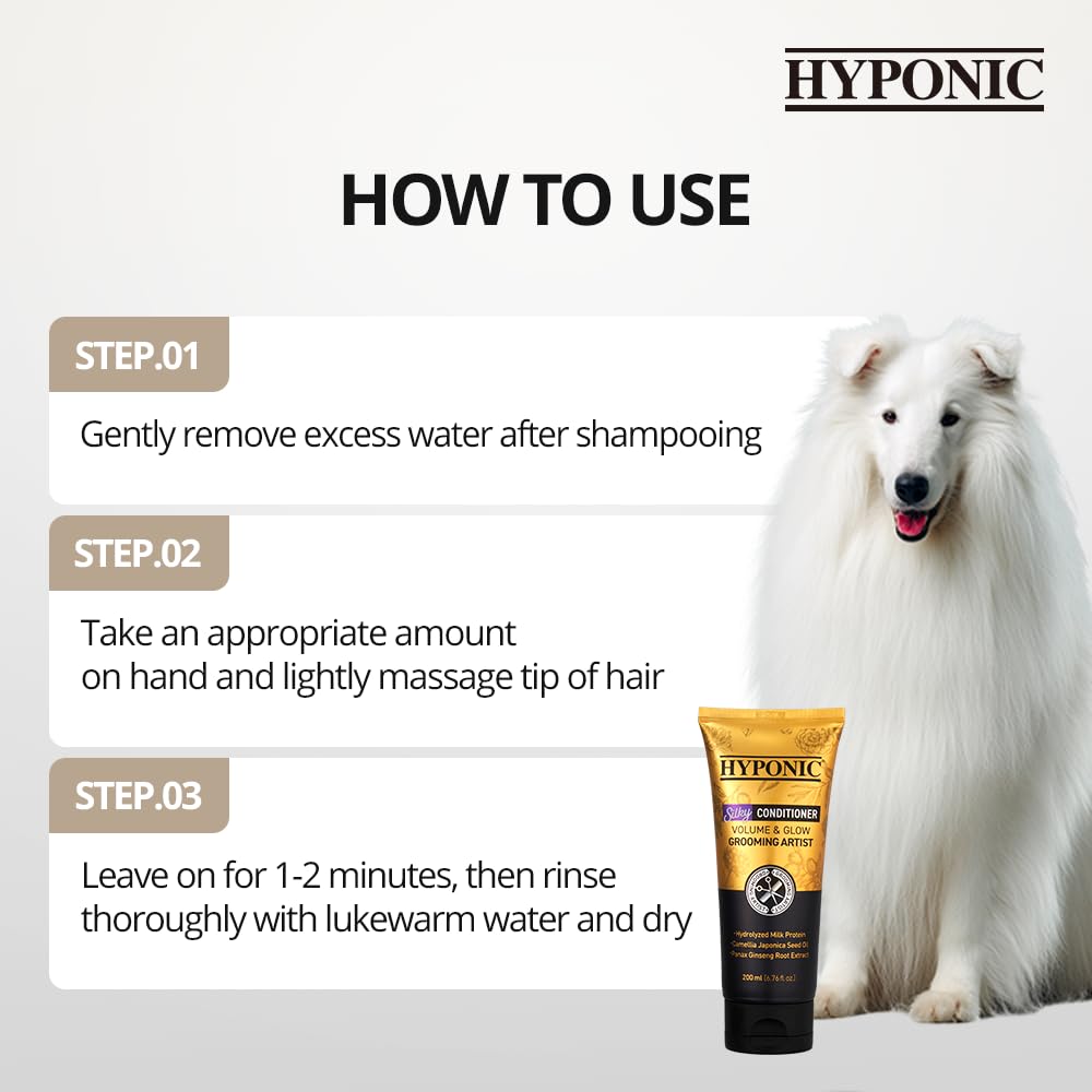 HYPONIC Grooming Artist Silky Conditioner (200 ml / 6.76 FL. oz) Für fließendes, glänzendes Fell – Premium-Conditioner mit seidigem Pflegeeffekt für Hunde und Katzen