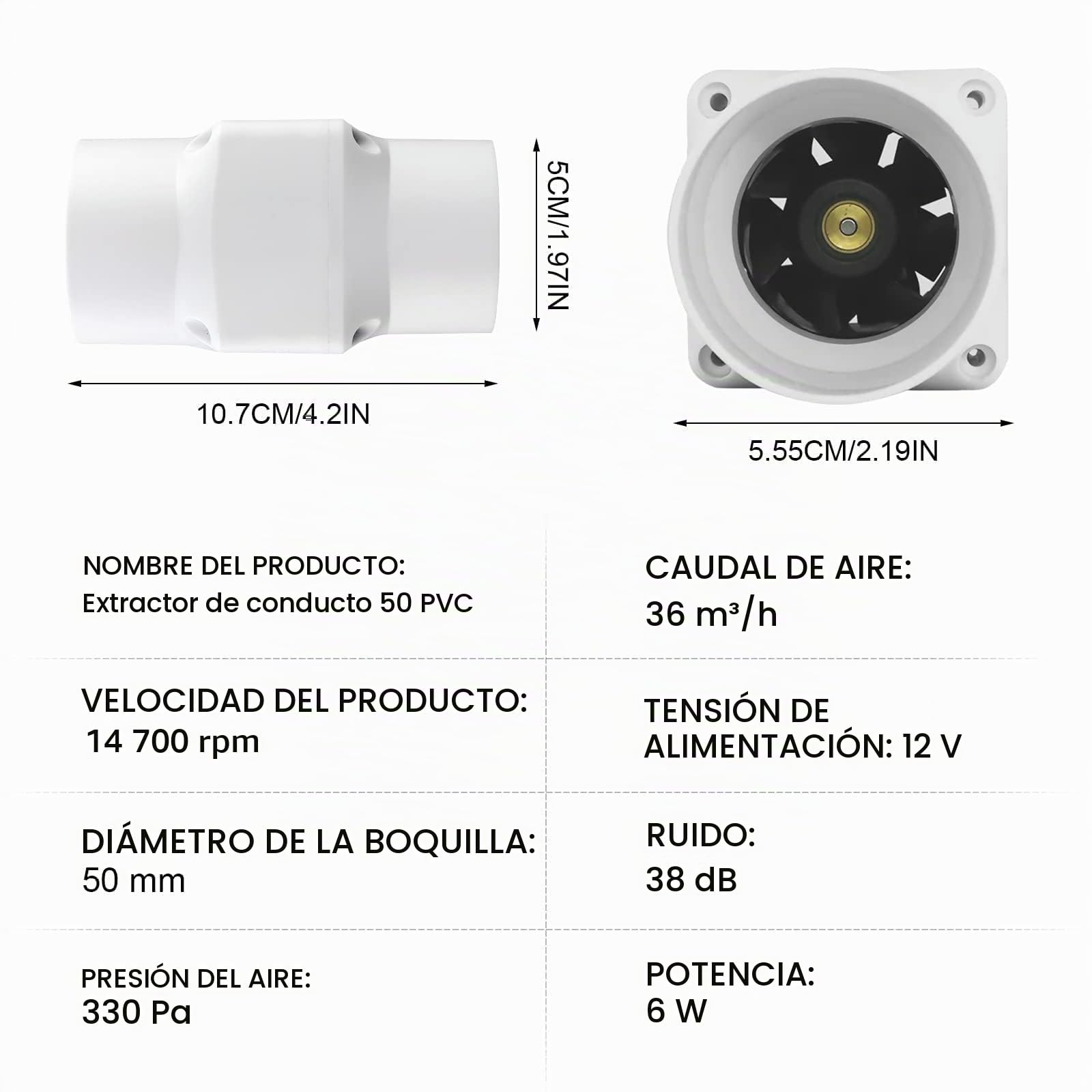 Ventilador de conducto de 2'', pequeño extractor de aire para baño, de flujo mixto, para oficina, baño, aseo, cocina, invernadero, Ø50 mm, 36 m³/h