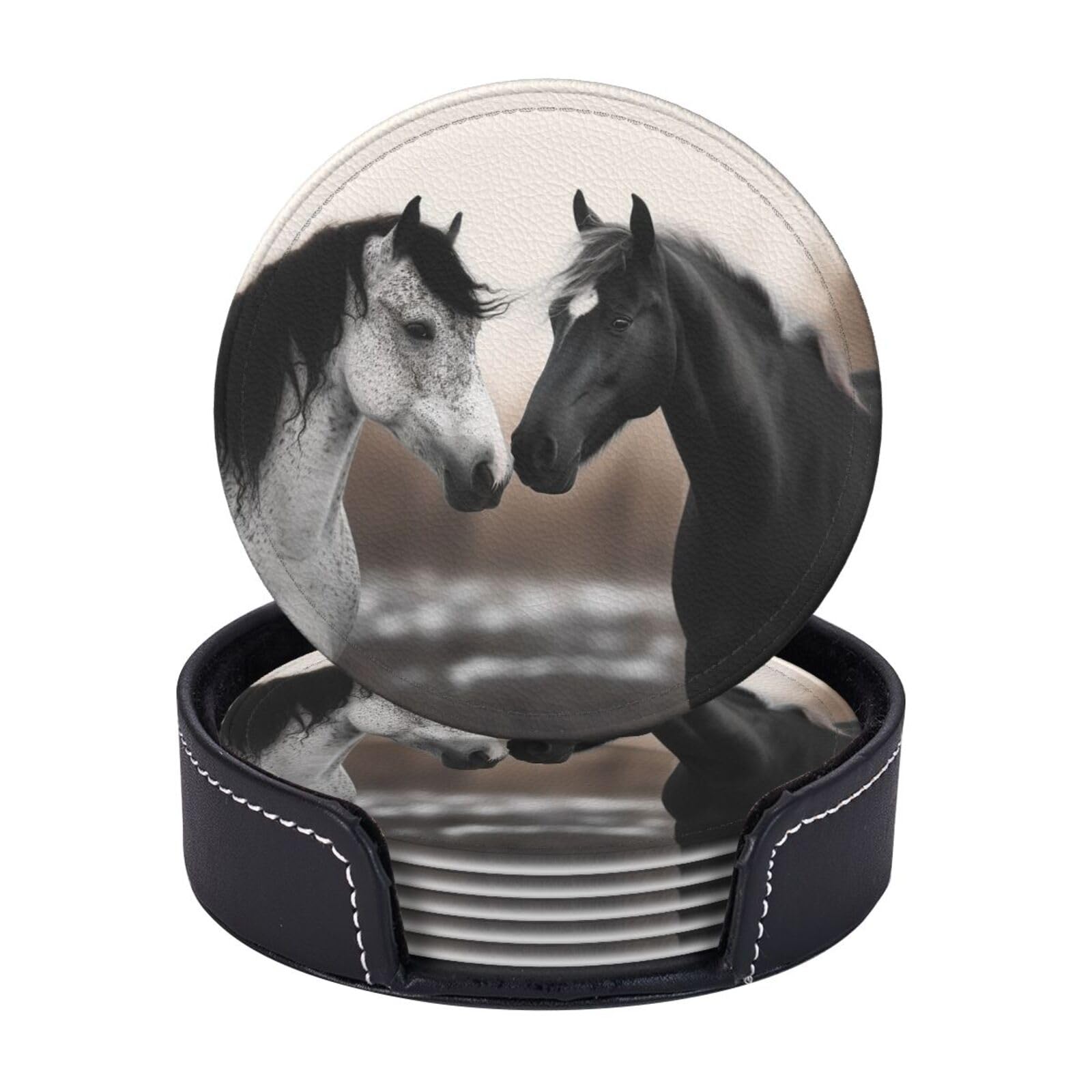 6Pcs PU Leather Coaster for Drinks, Black and White Horses Cup Coasters with Holder, Aesthetic Drink Coasters for Coffee Table, Round Coaster for Tabletop Protection 4" Cup Mat Pad