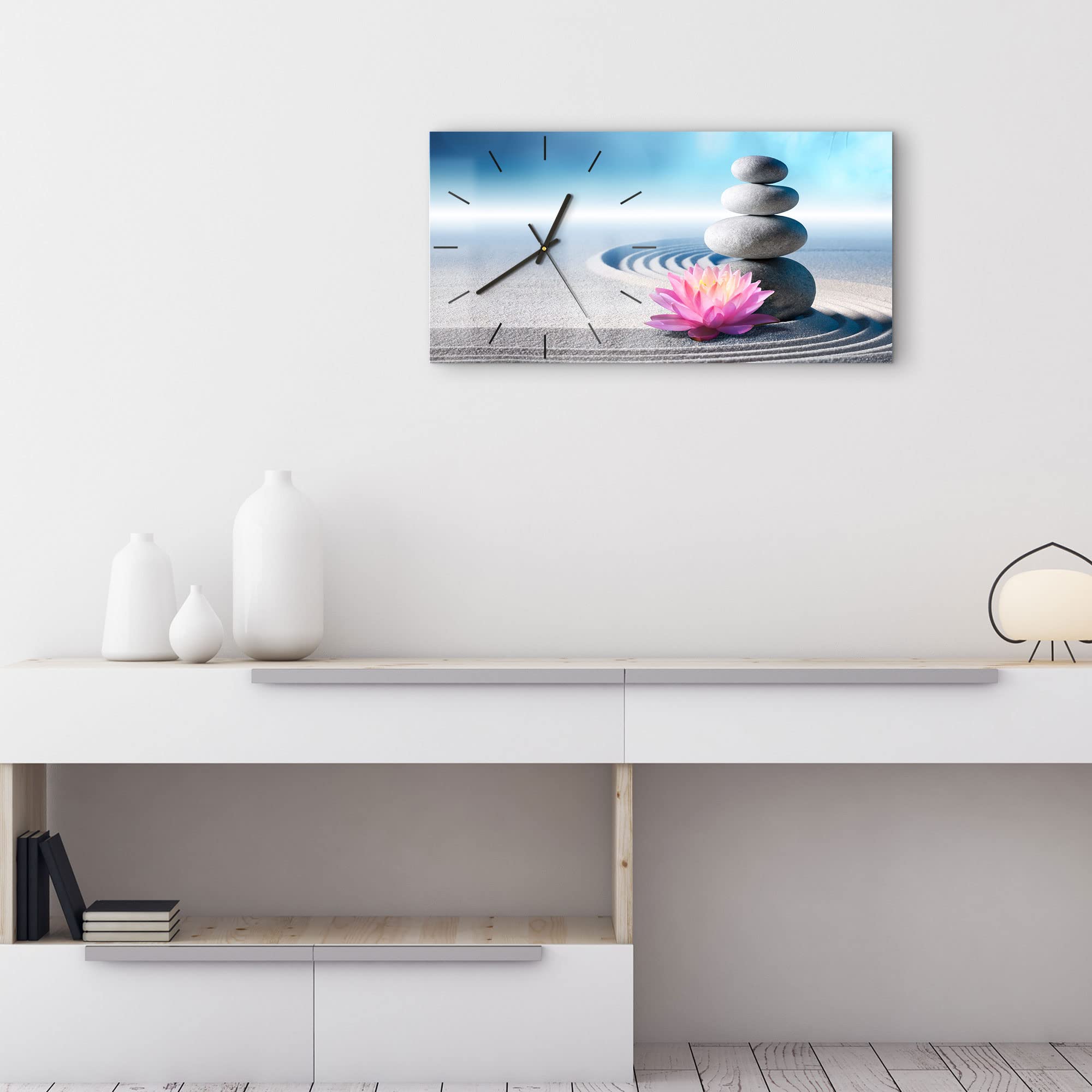 DEQORI Szklany zegar | pionowy 60 x 30 cm | motyw ogrodu Zen | duży designerski zegar XXL ze szkła | cichy zegar ścienny do salonu i kuchni | nowoczesny zegar przyciągający wzrok na ścianę