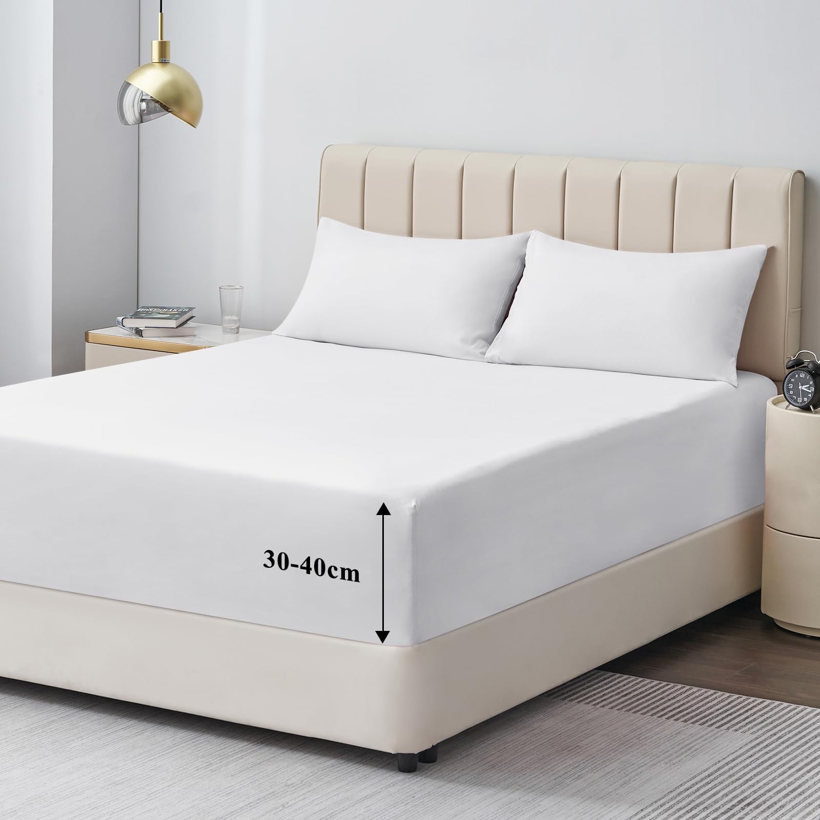 Aisbo Super King Fitted Sheet White - Extra Deep Pocket Bed Sheet 16 inch 40 cm - Microfiber Bottom Sheet, 183x200cm