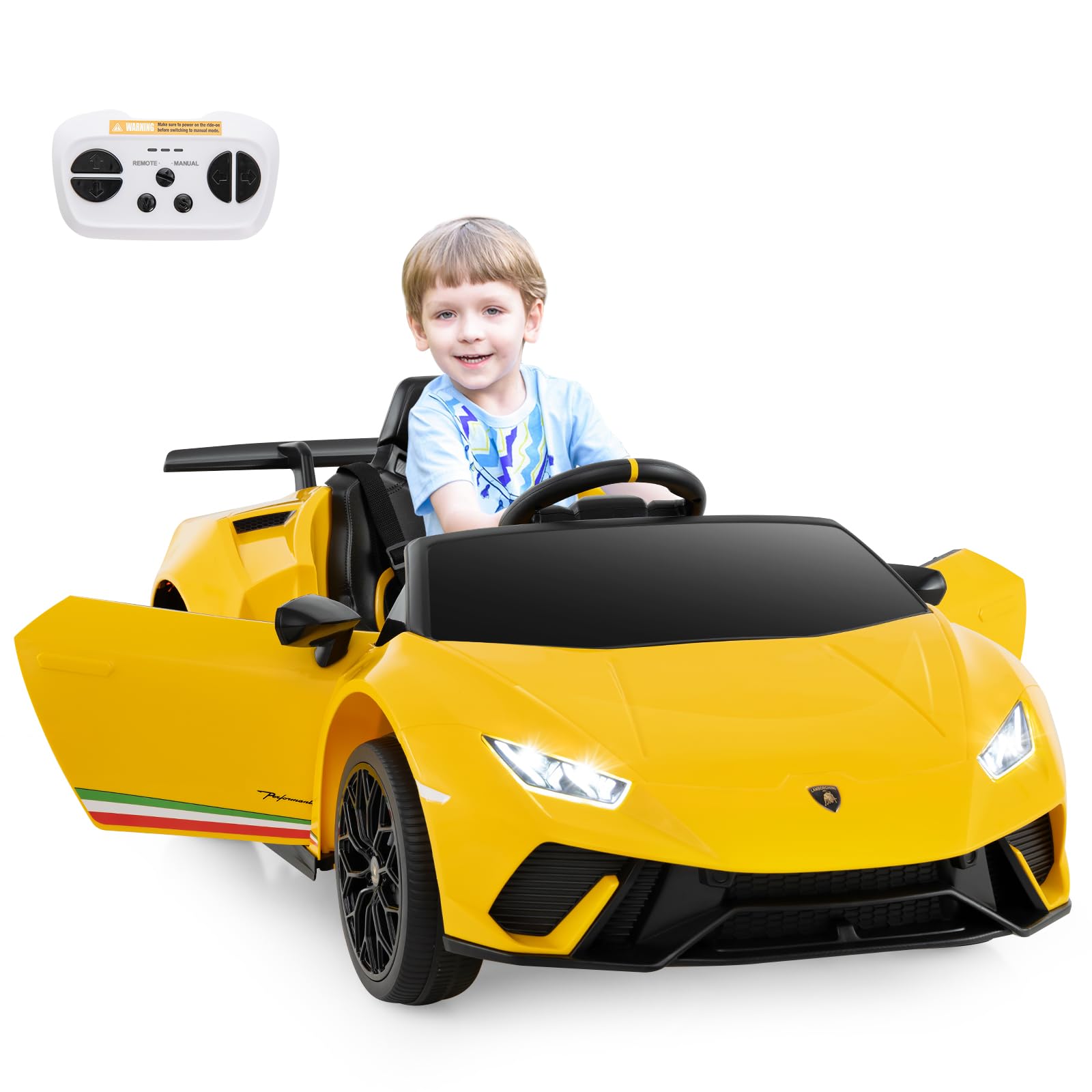 DREAMADE Lamborghini Kinder Elektroauto, 12V Kinderauto mit Fernbedienung, LED-Leuchten, Musik, Hupe, Softstart & Stoßdämpfern, Elektrofahrzeuge für Kinder ab 3 Jahre (Gelb)