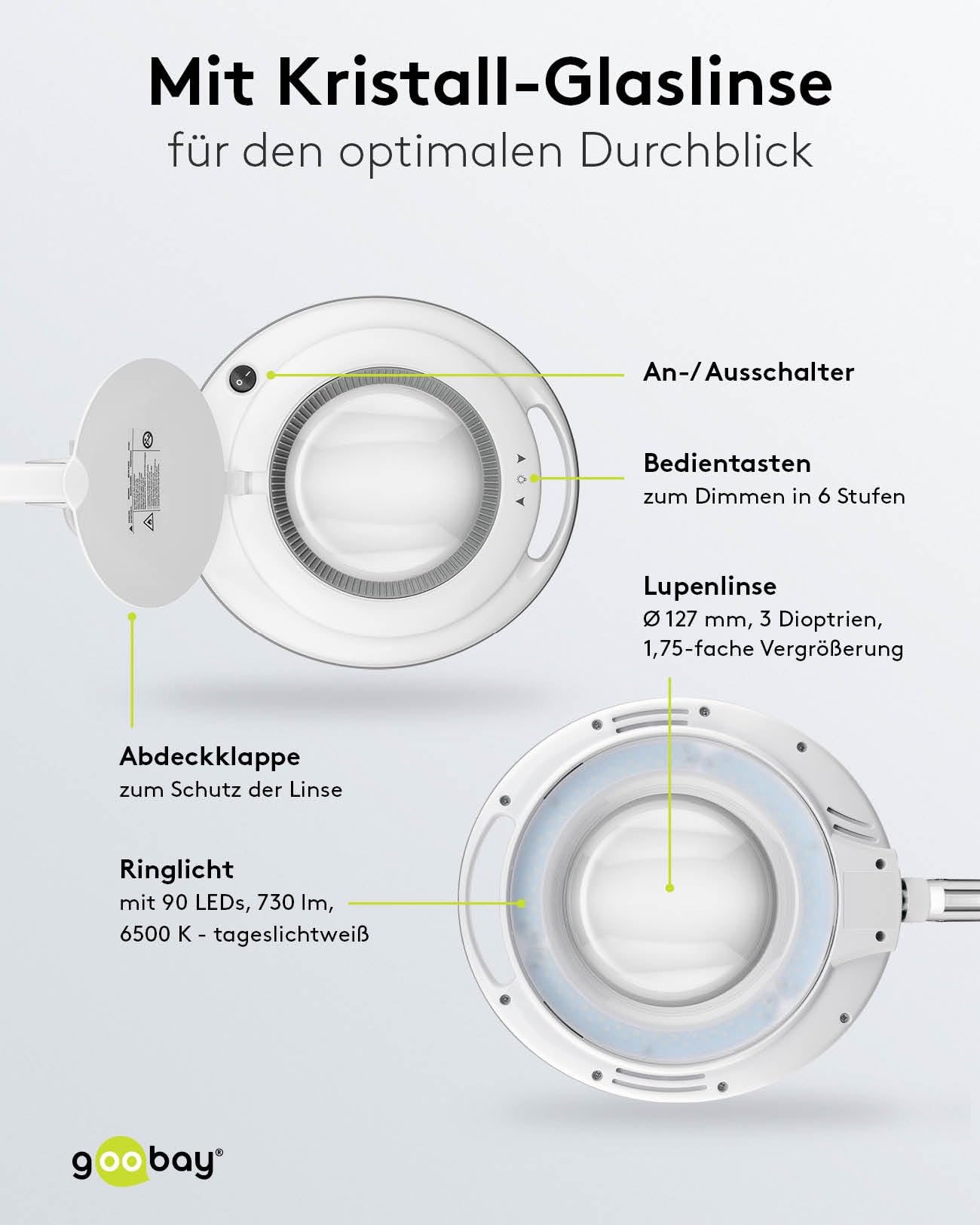 goobay 60362 LED Lupenleuchte mit Klemme / 9 W Leistungsaufnahme / 127 mm Kristall-Glaslinse/Farbtemperatur 6400 K / 1.75x Vergrößerung/Lichtstrom 83-730 Lumen/Weiß