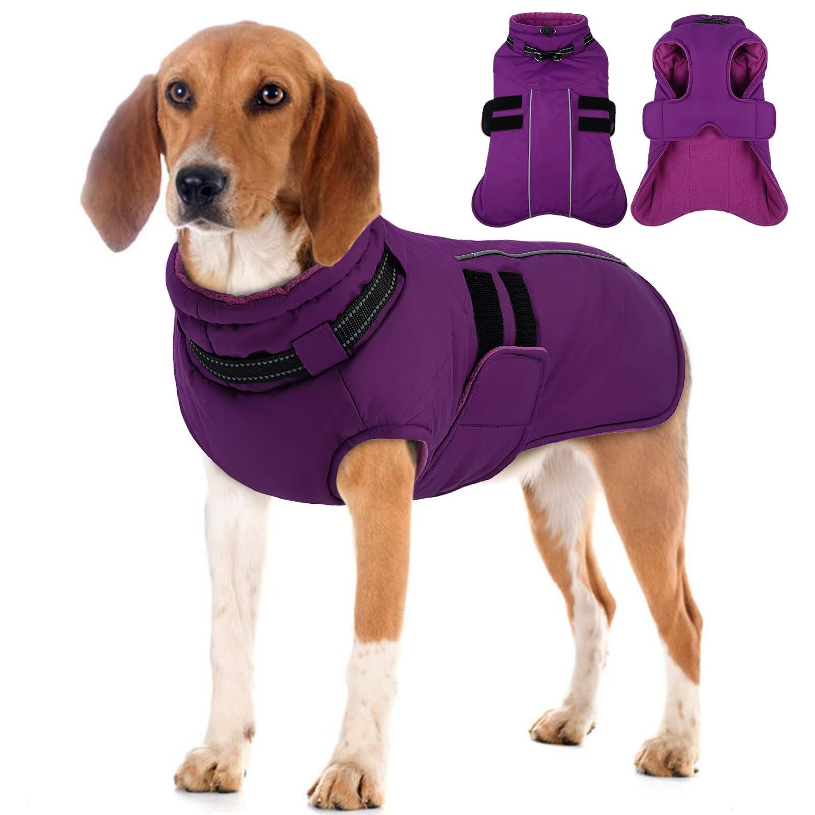 IECOii Dog Coat Waterproof,Adjustable Pet Winter Jacket with Harness Built in Windproof Snow Jakcet,Warm Large Dog Coats,Reflective Thermal Cold Weather Coats for Dogs,Winter Coat for Dogs,Purple,L