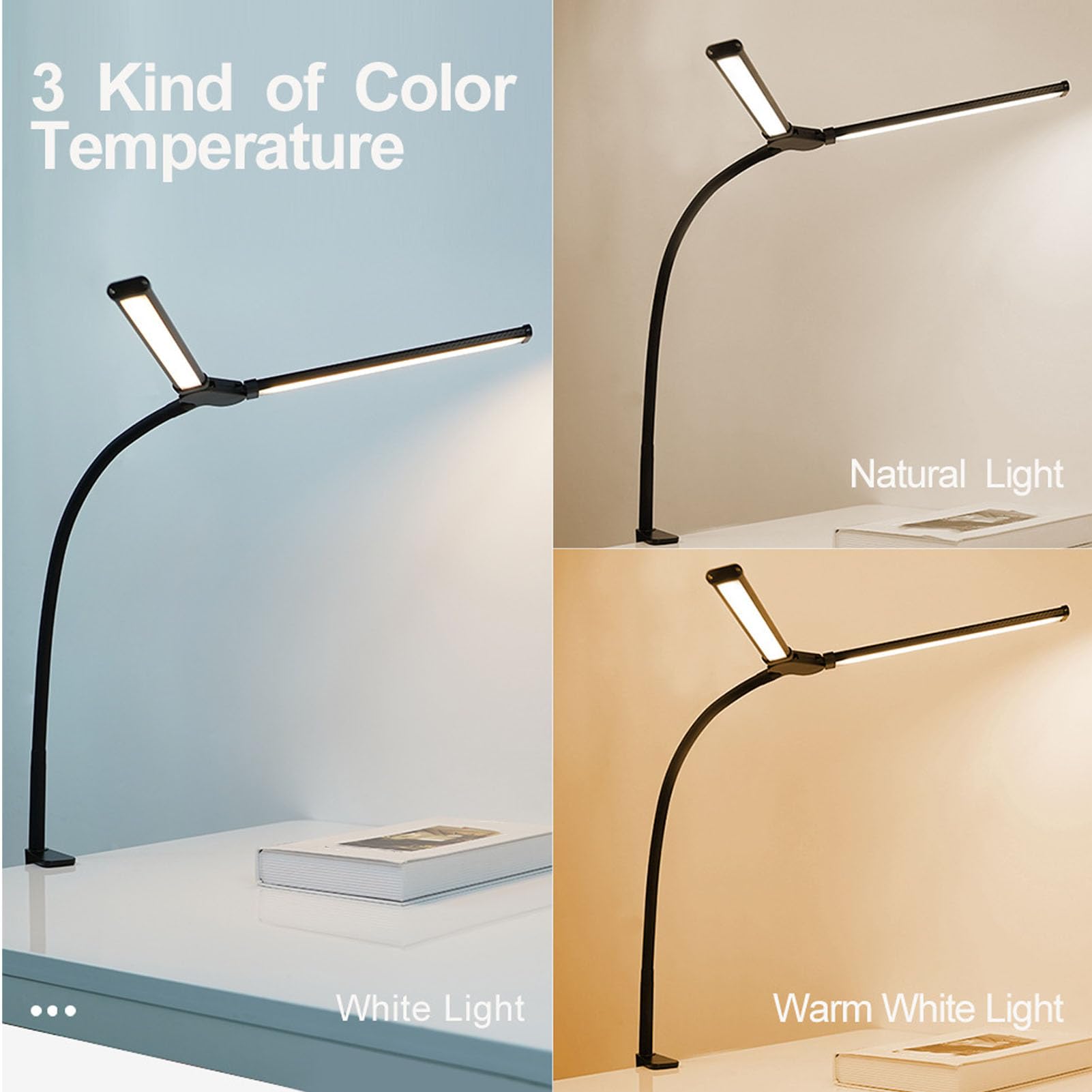 Lampada da Scrivania a LED per Ufficio, Casa, Luminosa Lampada da Scrivania a Doppia Testa con Dimmerabile Continuo in 3 Colori, Lampada a Collo di Cigno Flessibile,