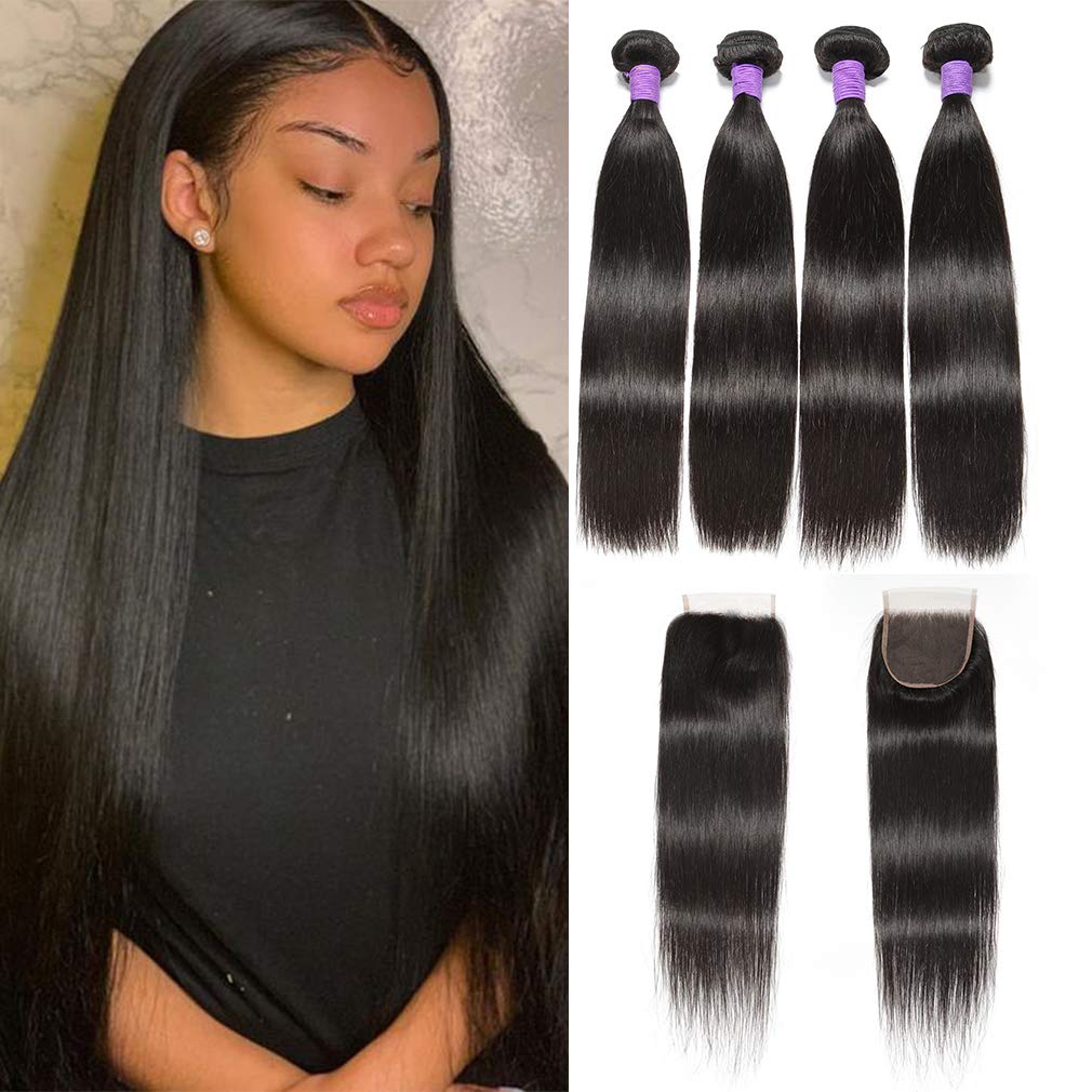 Peruvian Virgin Straight Hair Weaves with 4x4 Free Part Closure 8A Unprocessed Peruvian Silky Straight Human Hair 4Bundles with Lace Closure (18 20 22 24 +16 Free Part) 1B Color