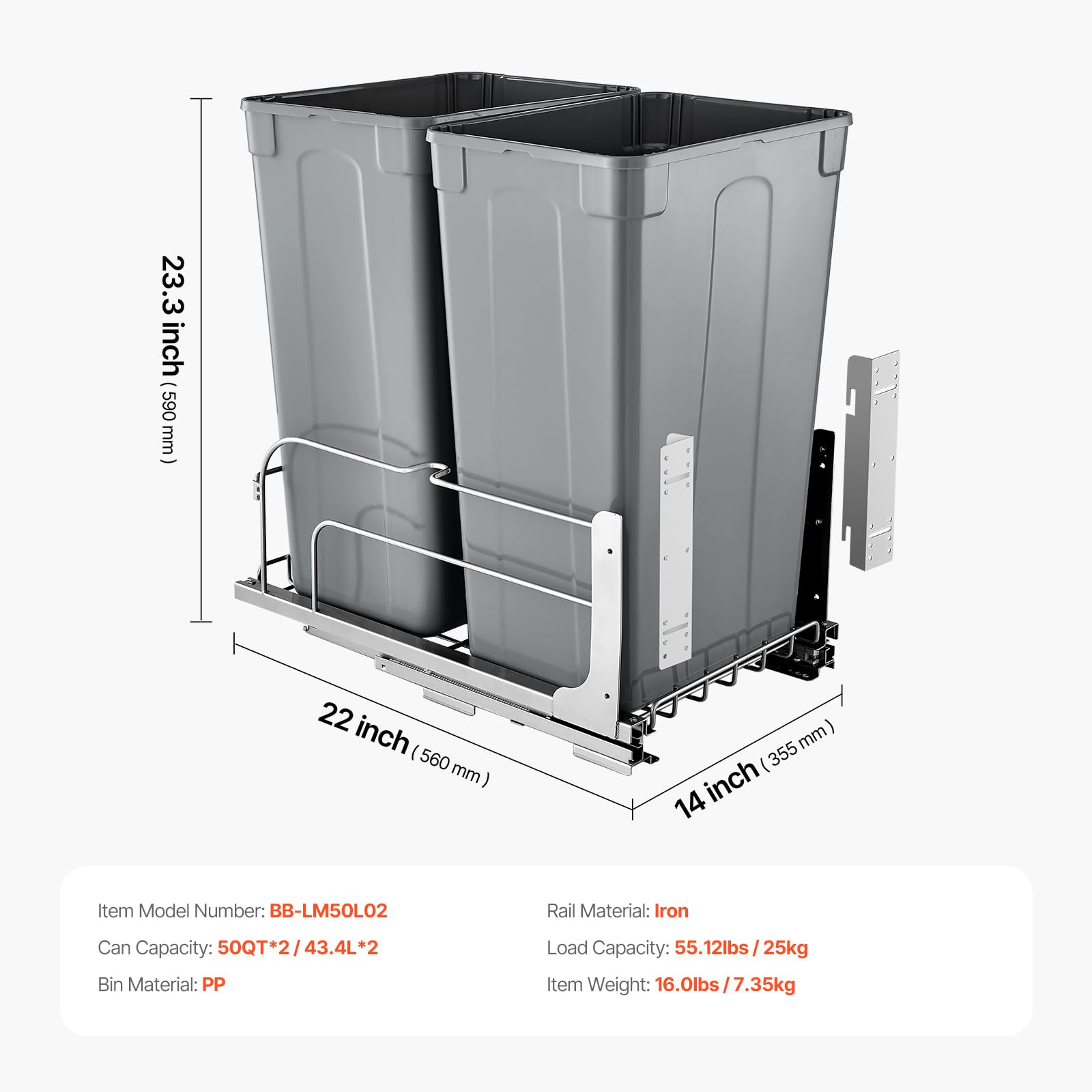 VEVOR Cubo de Basura Extraíble Doble 2 x 43,4 L, para Cocina, Montaje Bajo Encimera, con Puerta Corredera y Cierre Suave, para Armario de Cocina, Fregadero y Encimera, Gris, 560 x 355 x 590 mm
