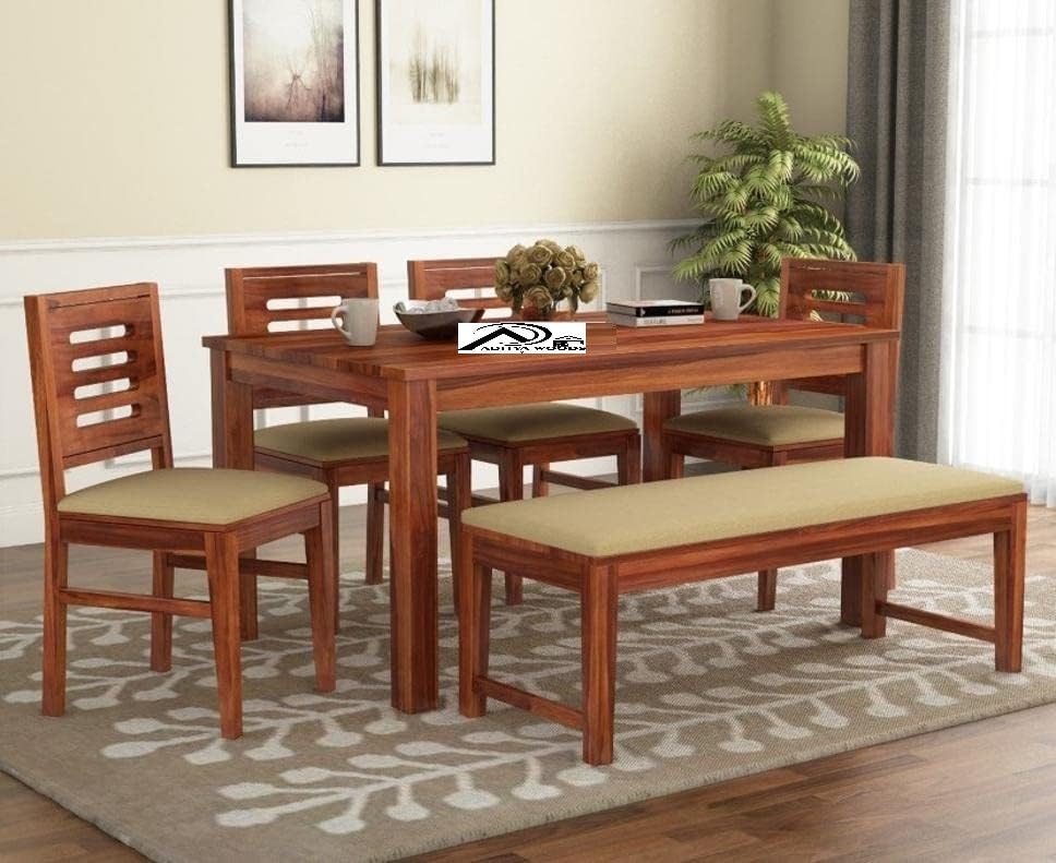 Image of AADITYA WOODS Solid Sheesham Wood Six Seater Dining Table Set with Chairs for Living Room Wooden 6 Seater Dining Table Set for Office Restaurant Modern Dining Room Set- Honey Teak & Cream