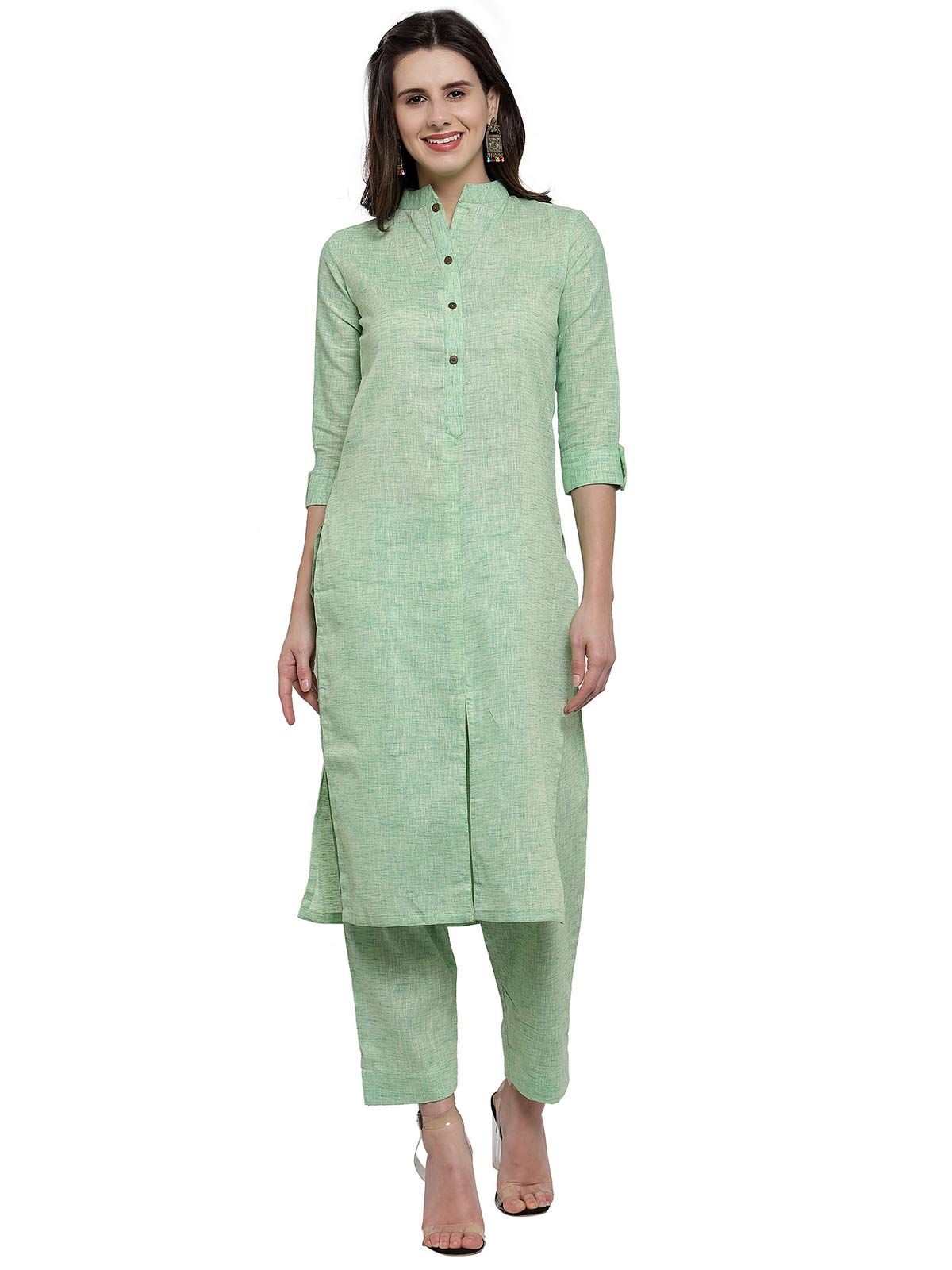Mint Green Collar Cotton Kurti with Culotte-image-41