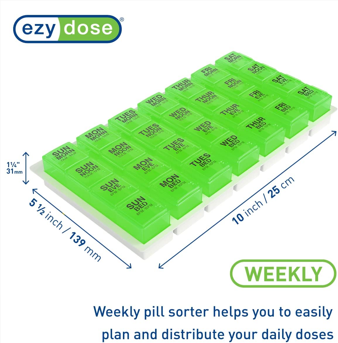 Ezy Dose Weekly (7-Day) Pill Organizer, Vitamin and Medicine Box, Large Pop-Out Compartments, 4 Times a Day, Green (Pack of 2)