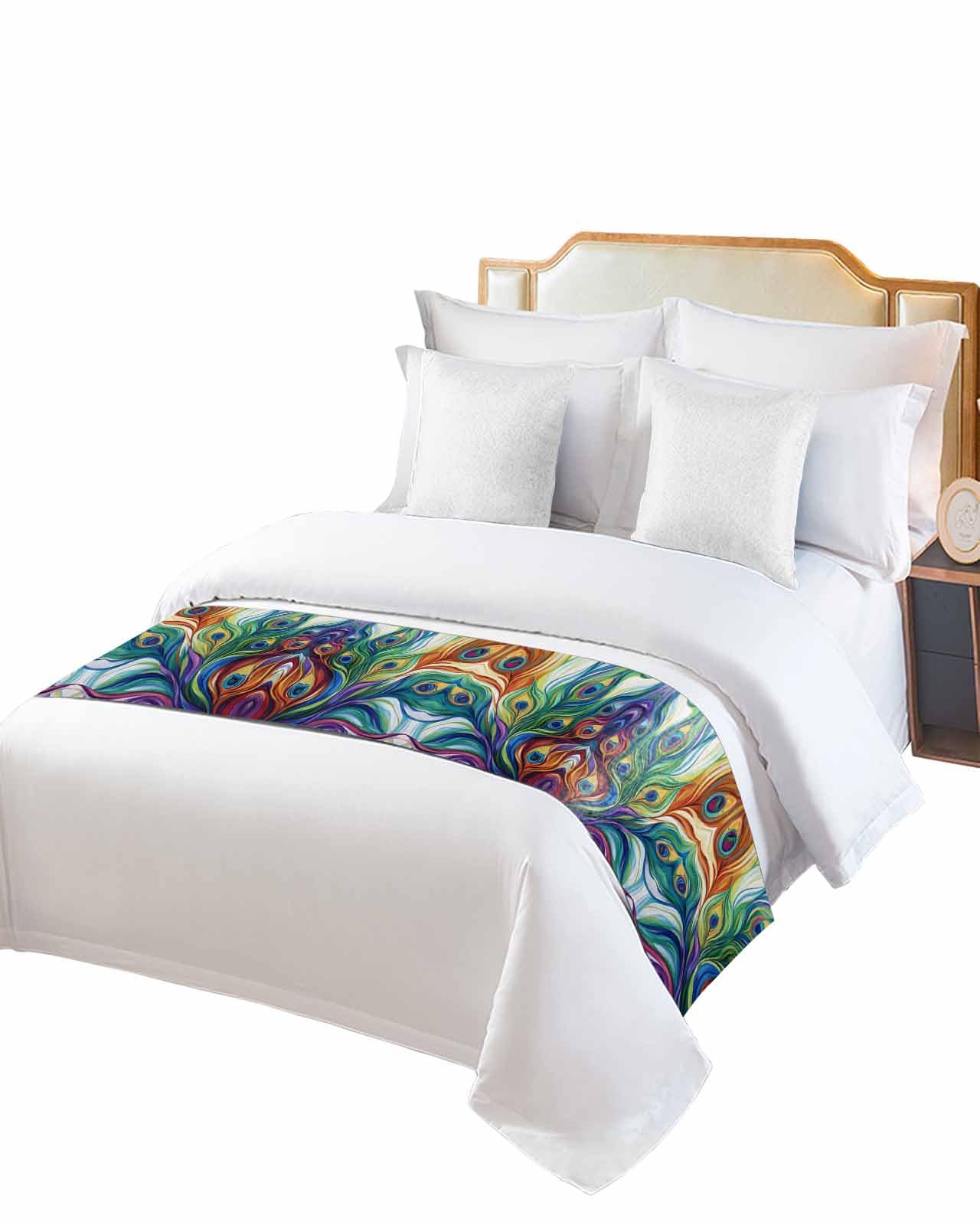 Colorful Peacock Feathers Bed Runner for Twin Size, Oil Painting Abstract Art Bedspread Protector Slipcover Bed Scarf for Foot Runners & Scarves for Bedroom Hotel Wedding Room 71x20 Inches