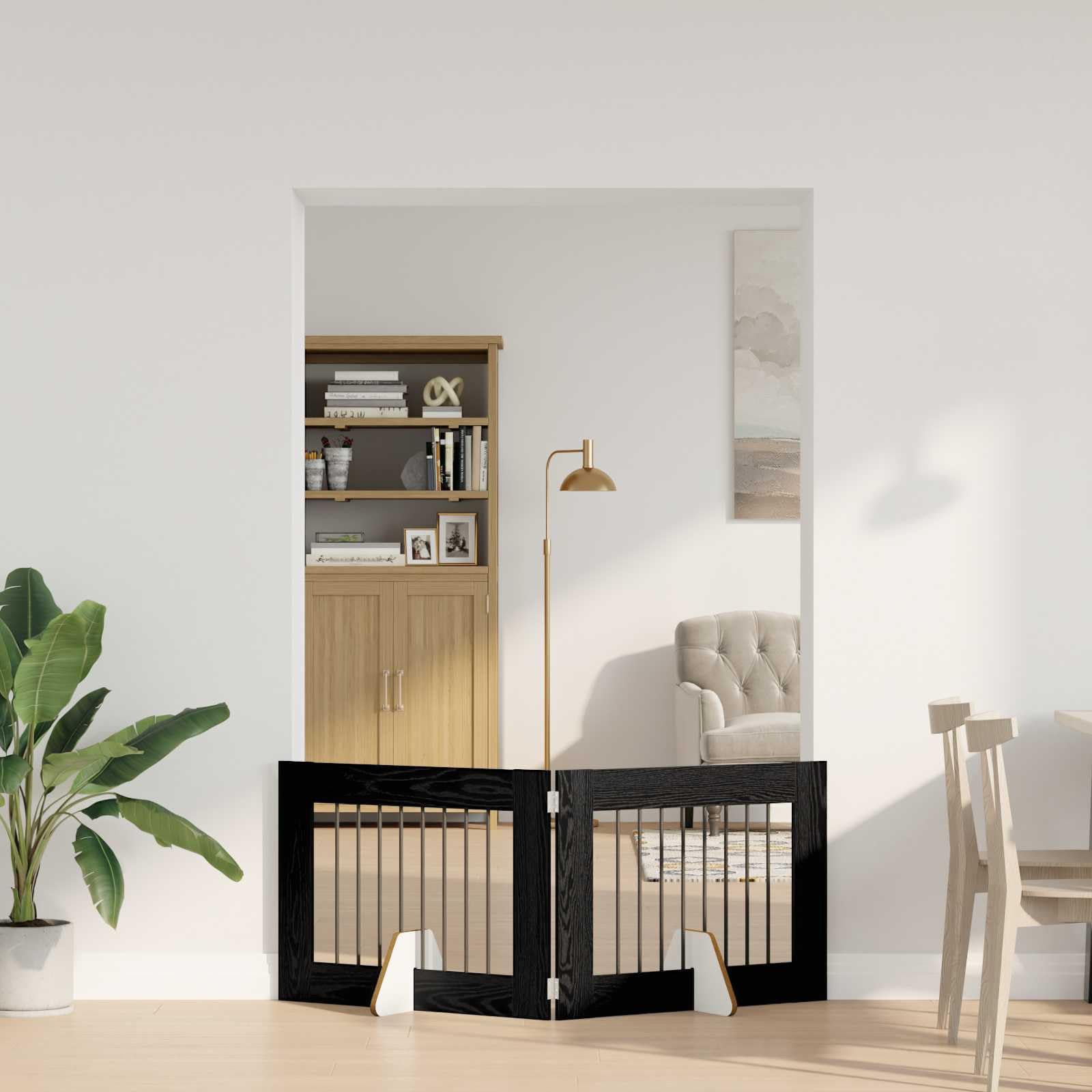 Portería para perros con soporte de madera de roble negro, 80 x 60 cm, 2 unidades, plegable y portátil, para barrera interior y alojamiento seguro de cachorros y perros