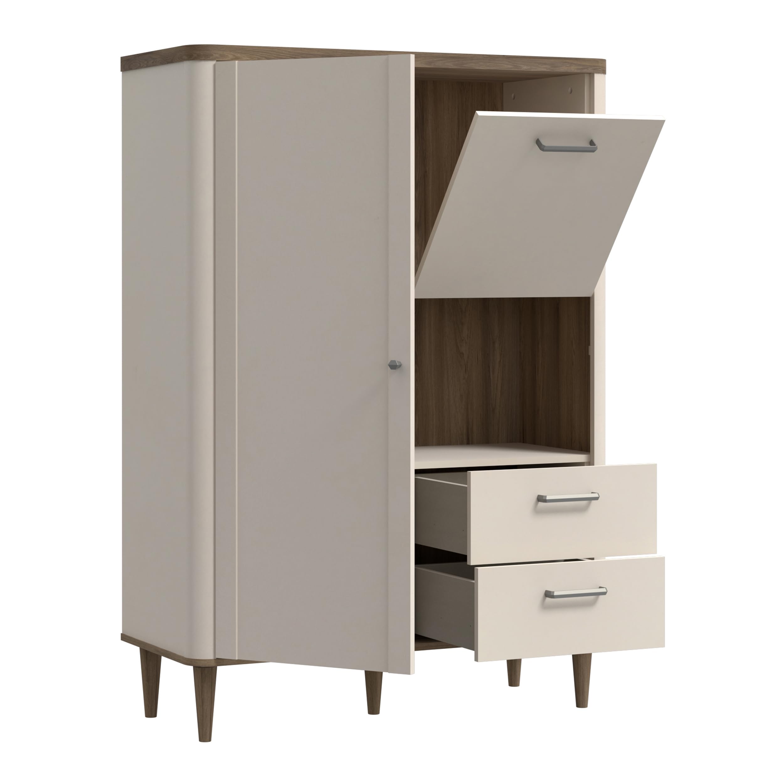 Forte LACETTI Schrank 100, modernes Highboard mit abgerundeten Ecken, Tür, Kippfach und 2 Schubladen, Kaschmir | Beige mit Valencia Eiche Holzdekor, 100,1 cm breit x 142,9 cm hoch x 41,2 cm tief