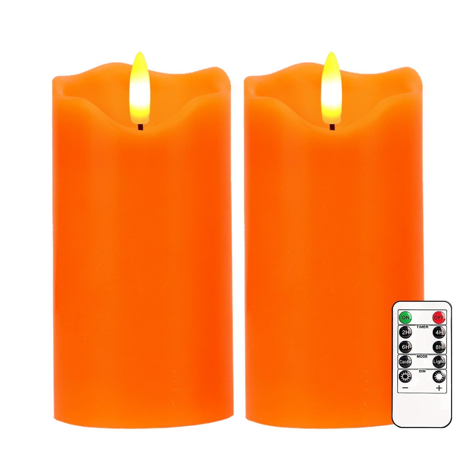 Flameless Candles Lights, 2 Pcs Orange Flickering LED Candles with Remote & Timer, Dimmable LED Candle Battery Operated, Electric Candle for Thanksgiving Halloween Fall Harvest Decor (2 Pack Orange)