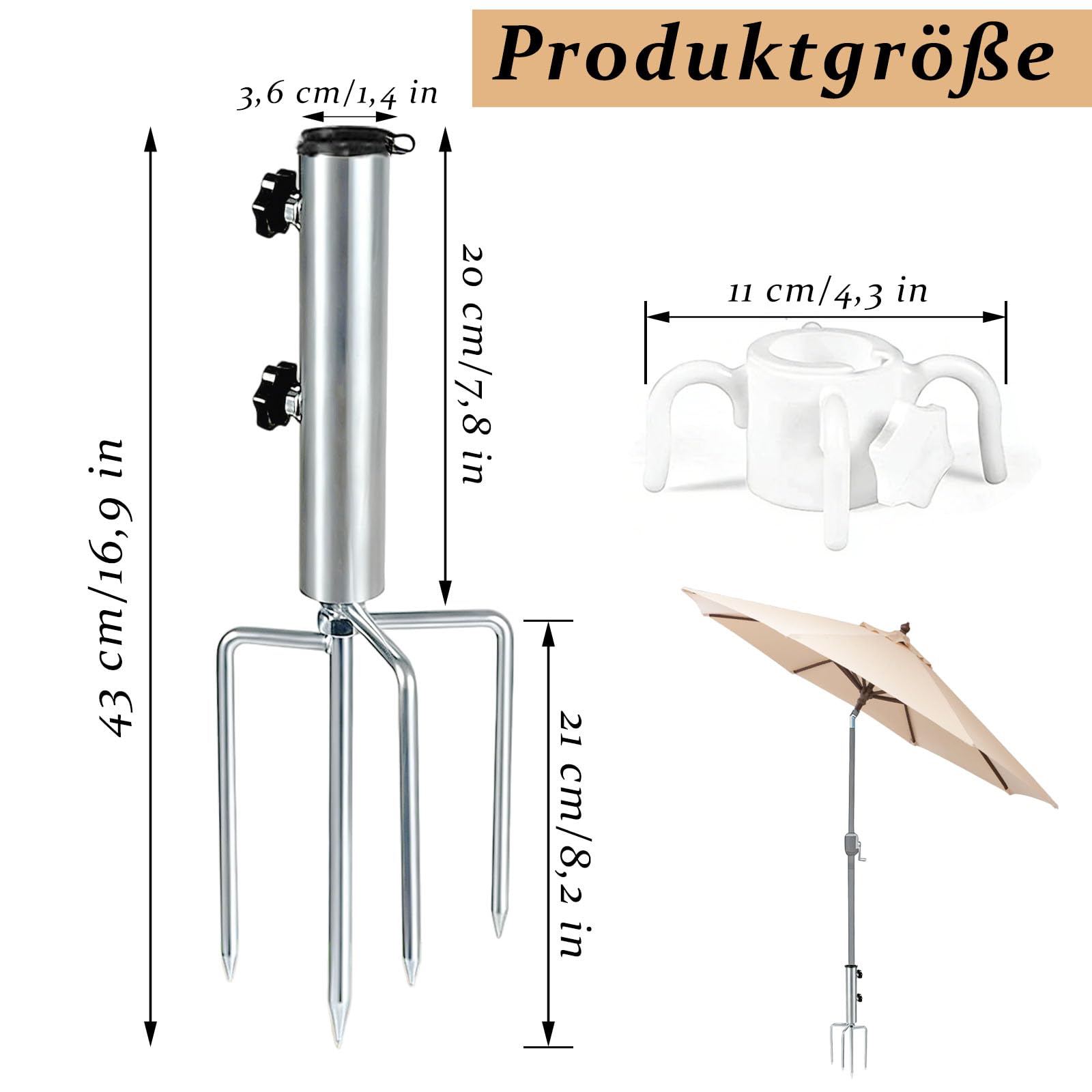 Trzpień do parasola przeciwsłonecznego, srebrny Lawn Spike na parasol, zdejmowany stojak na parasol przeciwsłoneczny z trzpieniem trawnikowym, stojak na parasol ogrodowy, parasol przeciwsłoneczny