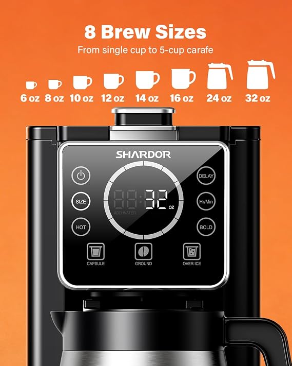 SHARDOR Single Serve & Carafe Coffee Maker, Hot & Iced Coffee Machine for K Cup Pods & Grounds, 6-32oz Brew Sizes, 95oz Removable Water Reservoir, 5 Cup Thermal Carafe, 24H Programmable, Matte Black