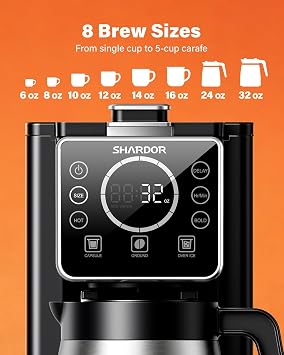 SHARDOR Single Serve & Carafe Coffee Maker, Hot & Iced Coffee Machine for K Cup Pods & Grounds, 6-32oz Brew Sizes, 95oz Removable Water Reservoir, 5 Cup Thermal Carafe, 24H Programmable, Matte Black