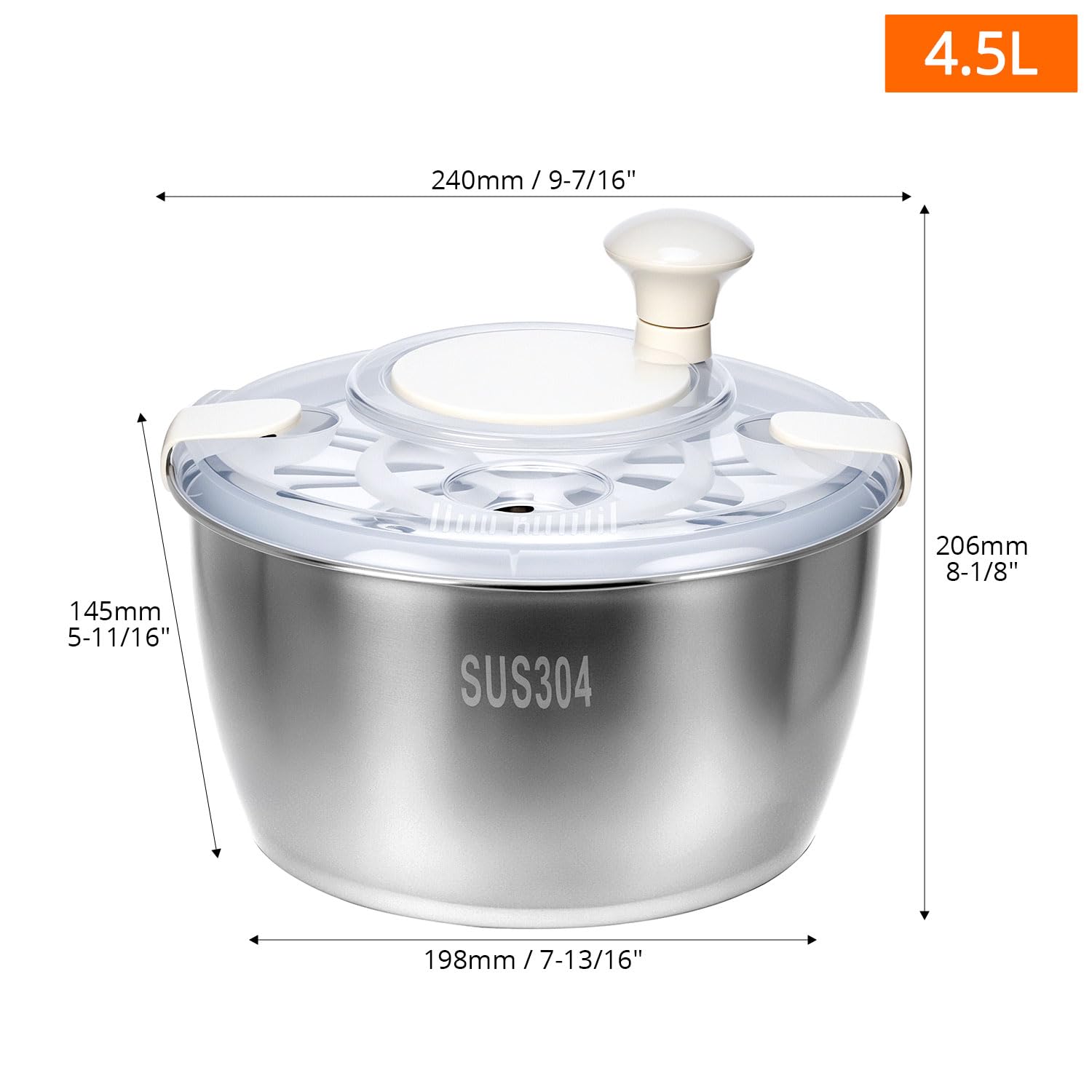 QWORK® Essoreuse à Salade 4,5L en Acier Inoxydable304 - avec Poignée Manivelle et Base Antidérapante, Lavable au Lave-Vaisselle