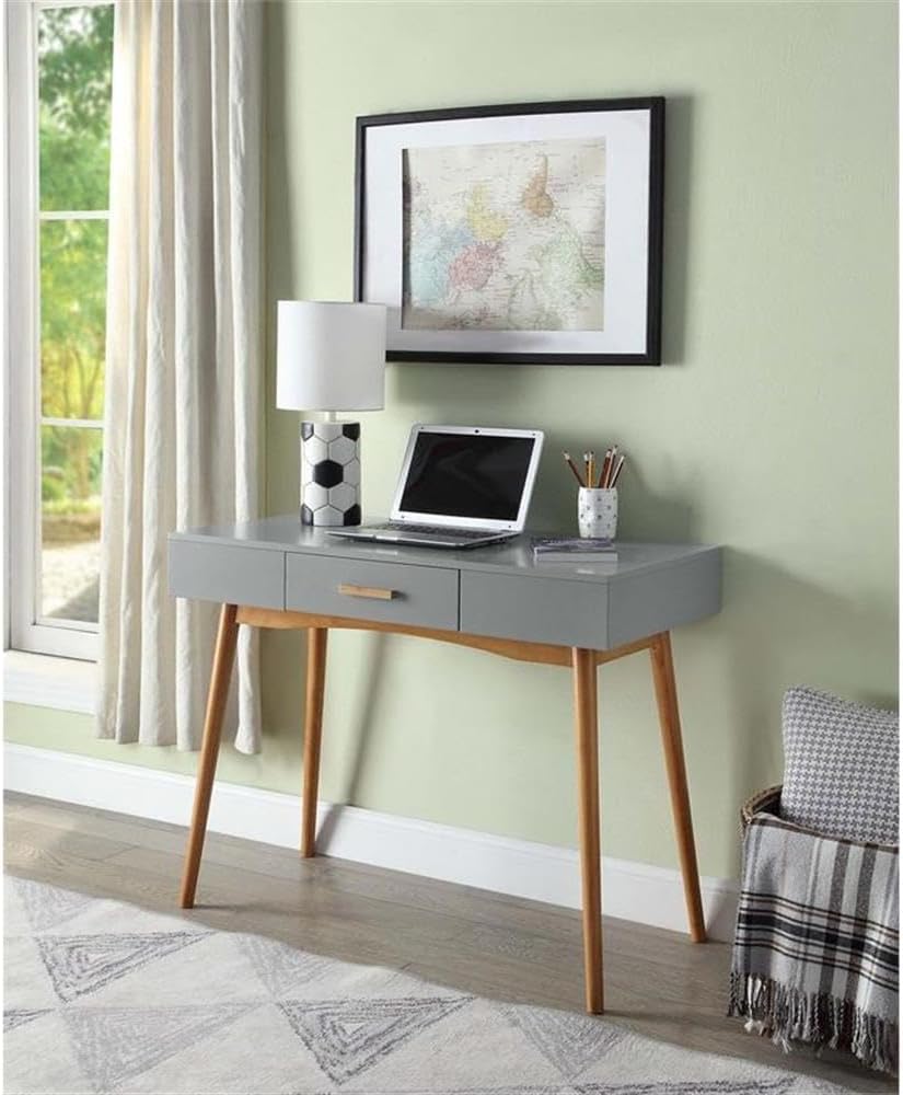 Oslo Mid-Century Gray Writing Desk with Bamboo Handle and Drawer