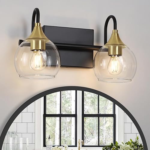 Lámparas de baño de oro negro, 2 luces de tocador de baño sobre el espejo, lámpara de tocador moderna de mediados de siglo, globo dorado cepillado,