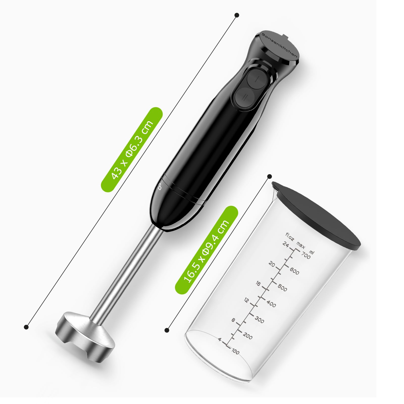 Bonsenkitchen Frullatore a Immersione, 1000W Mixer Immersione con Bicchiere Graduato 700ml, 2 Velocità, Lame in Acciaio Inox, per Frullati, Zuppe, Pappe, Salse, Milkshake, Nero