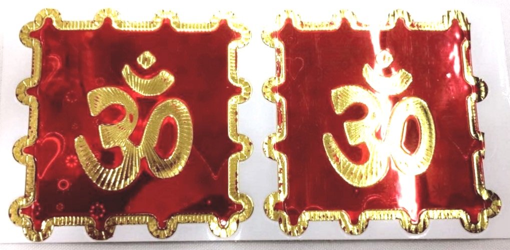 Indiabazaar 2 x Bright Red Background and Gold Aum Foil Adhesive Sticker – Shimmering Finish – Hindu Religious Sticker