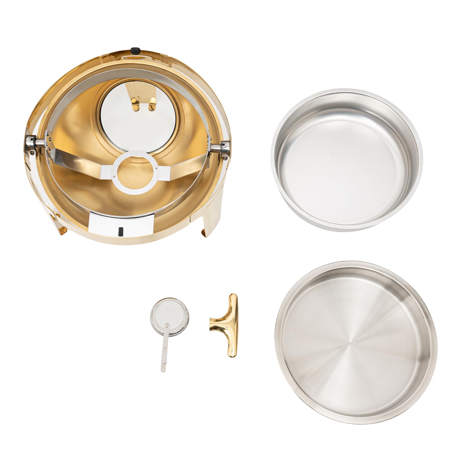 Set da buffet rotondo Chafing Dish in acciaio inox 201, coperchio Roll Top, capacità 6L, oro/argento, con vasca d'acqua e porta combustibile, diametro 40 cm
