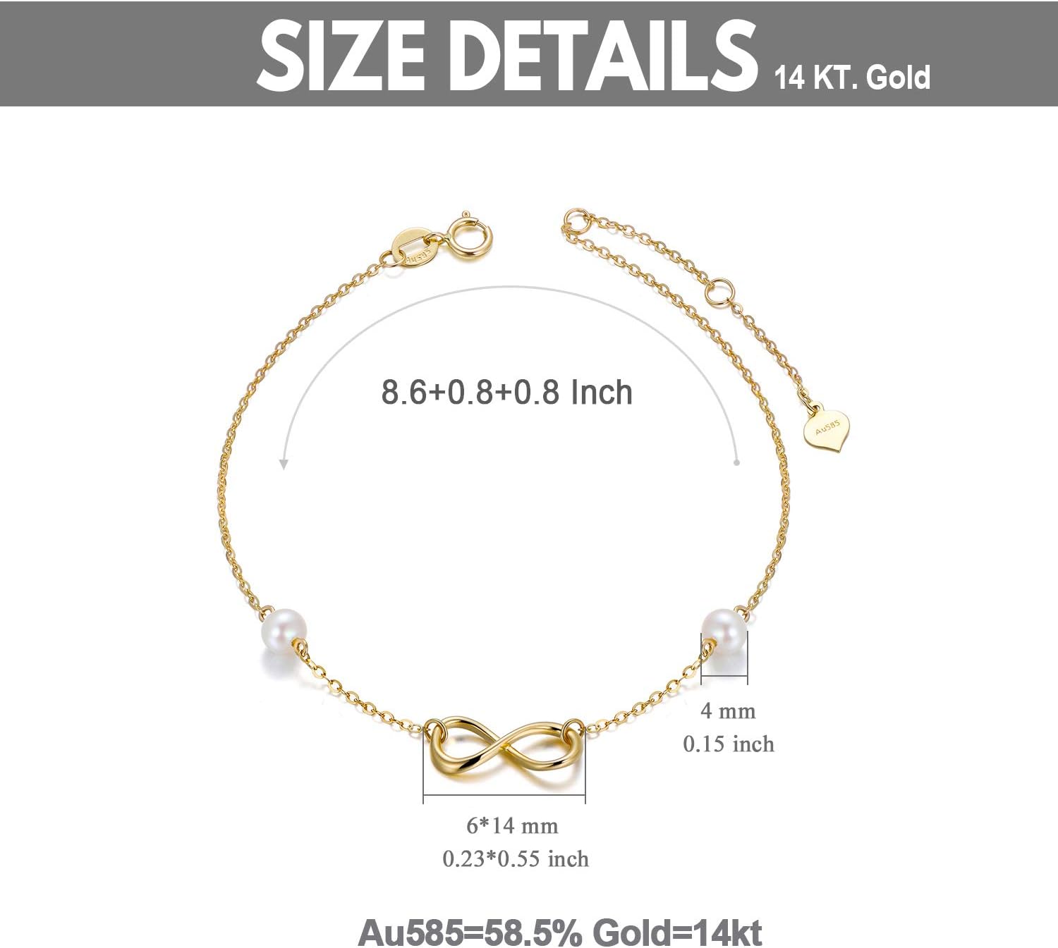 SISGEM 14k Gold Infinity Anklets for Women, Real Pearl Love Knot Ankle Bracelet Jewelry Gifts for Her, 8.6-10.2 Inch - Image 3